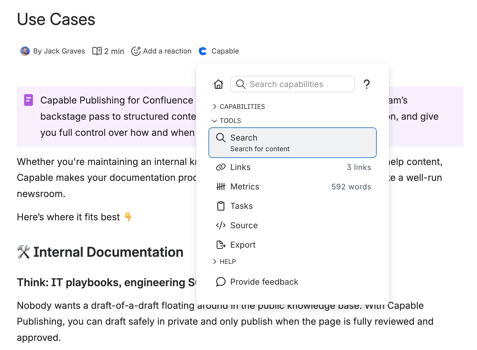The Tools section of the Capable byline panel, listing Search, Links showing three links, Metrics showing 592 words, Tasks, Source and Export.