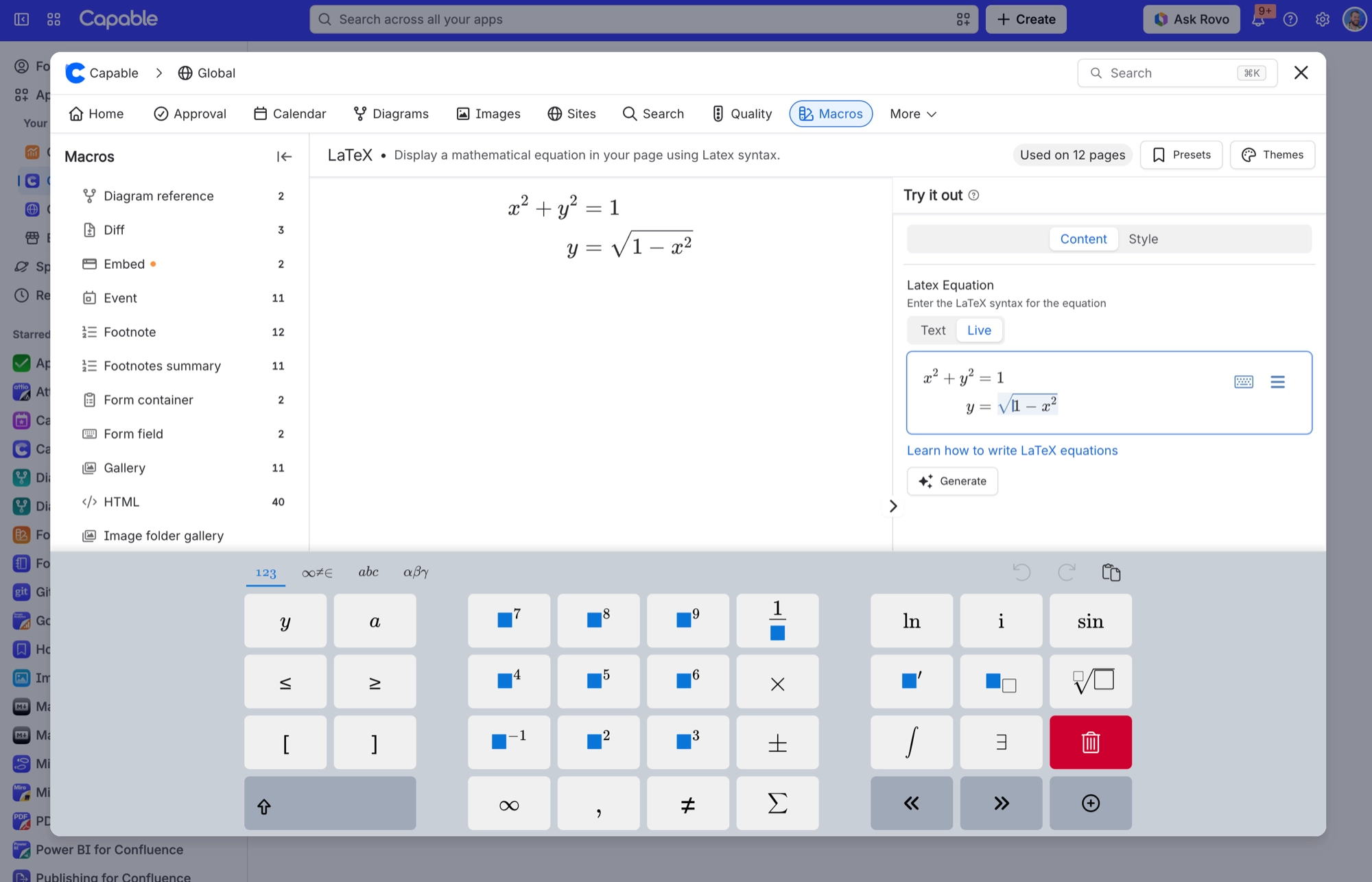 LaTeX macro in Live mode with the on screen maths keyboard open, showing keys for powers, fractions, roots, integrals and sums