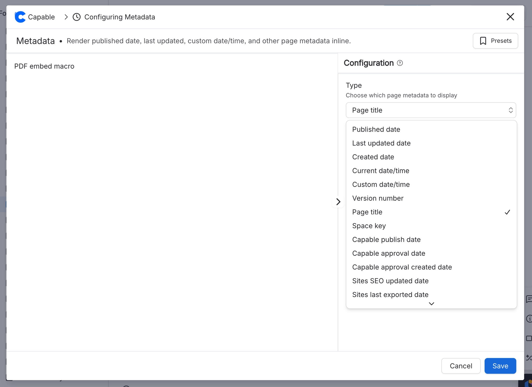 The Metadata configuration panel with the Type dropdown open, listing published date, last updated date, created date, current date and time, custom date and time, version number, page title, space ke