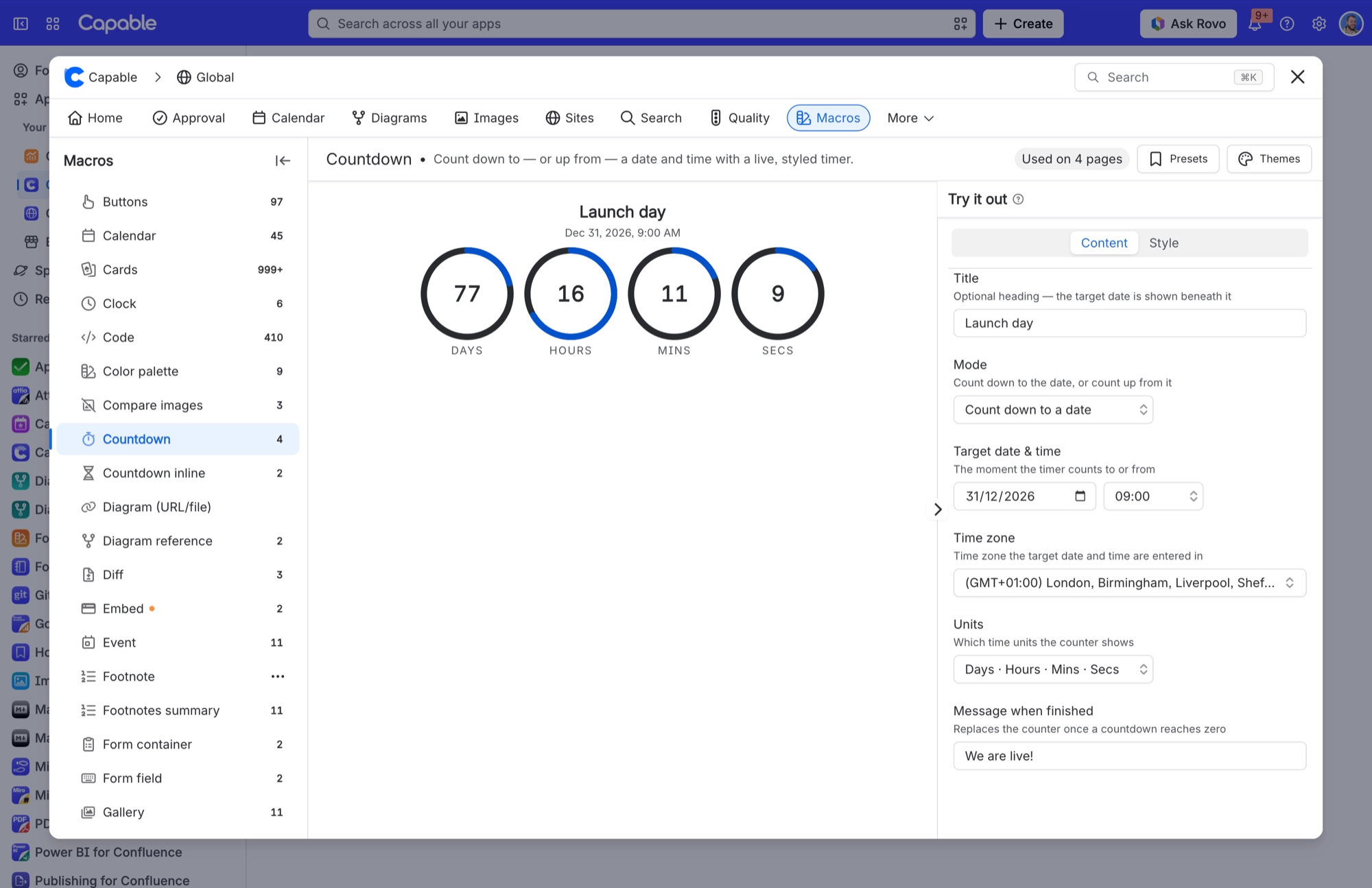 Countdown macro Content tab with title, mode, target date, time zone, units and finish message, and a ring style Launch day timer