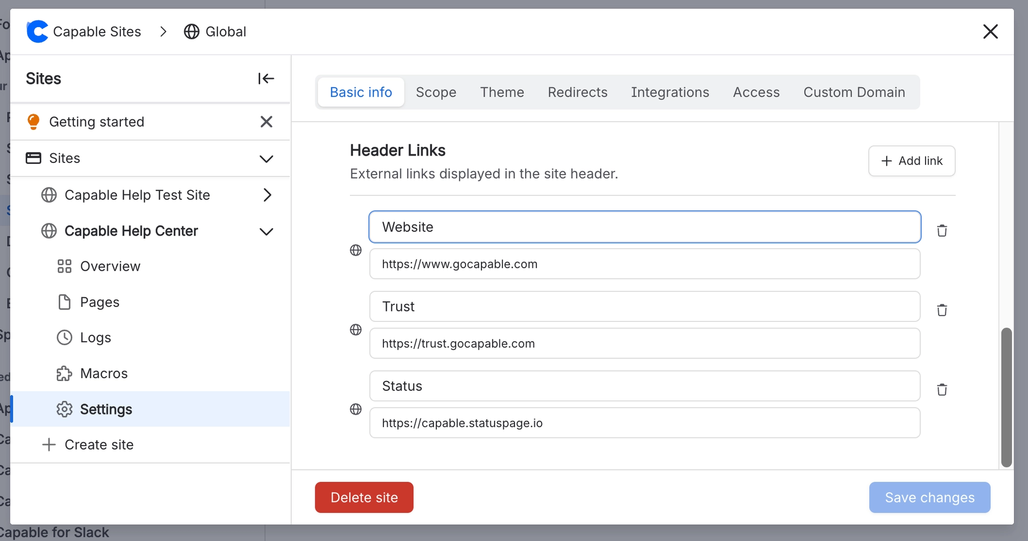 Add Capable Sites Header Links