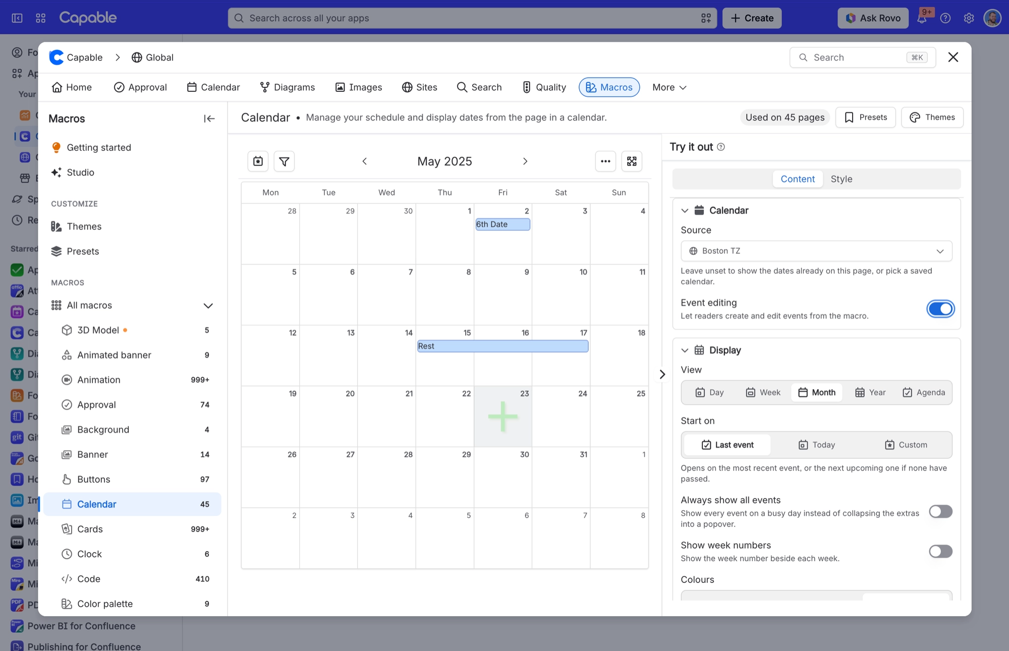 Calendar macro settings with a saved calendar as the source and the Event editing toggle switched on