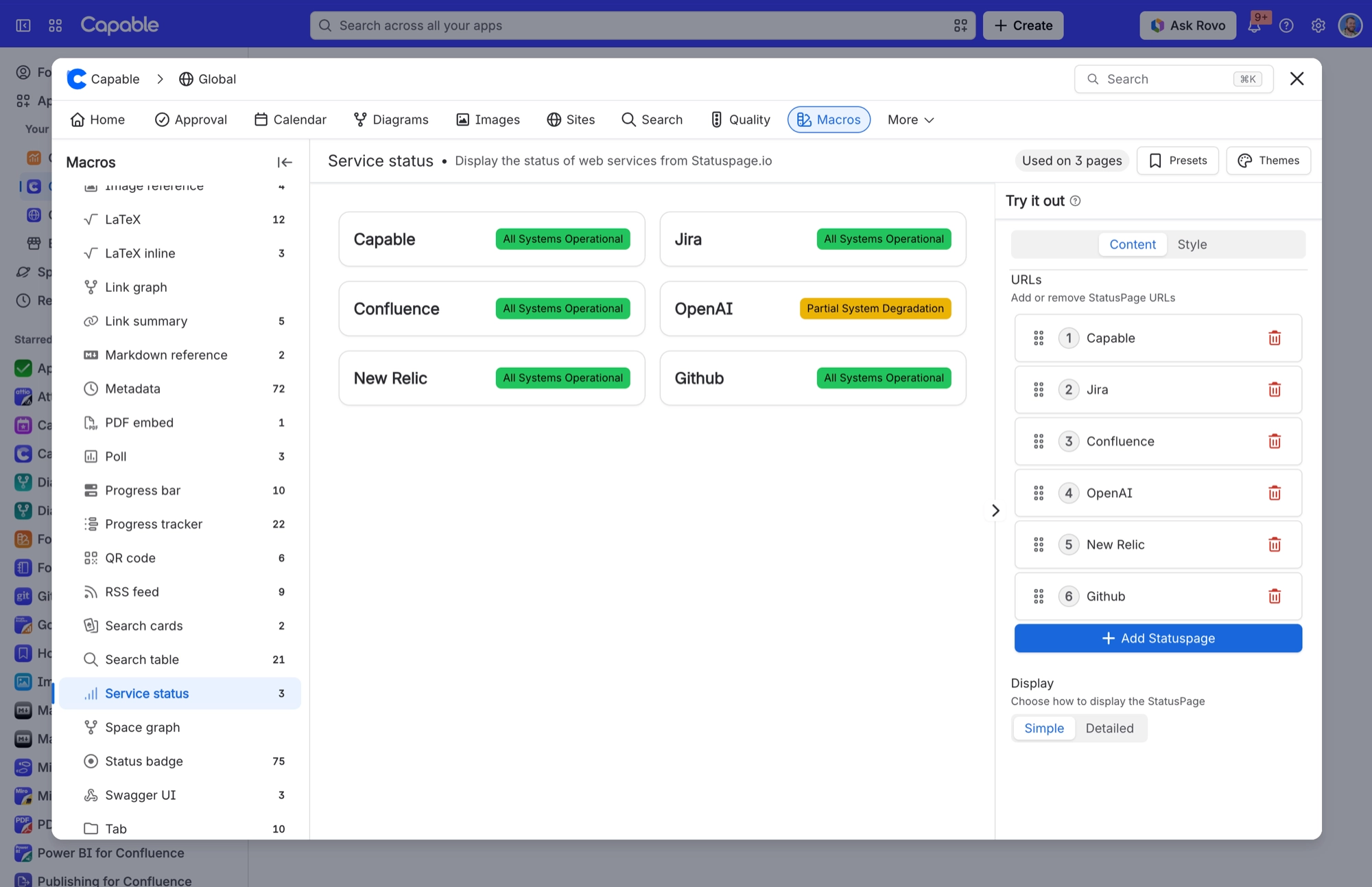 Service status macro with six service cards showing status labels, and the Content tab listing six status pages with Display set to Simple