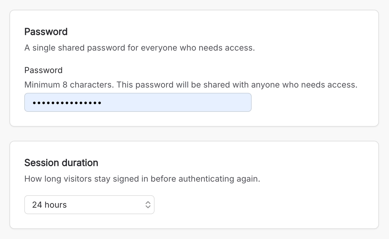 Password card with a masked shared password, and a session duration of 24 hours
