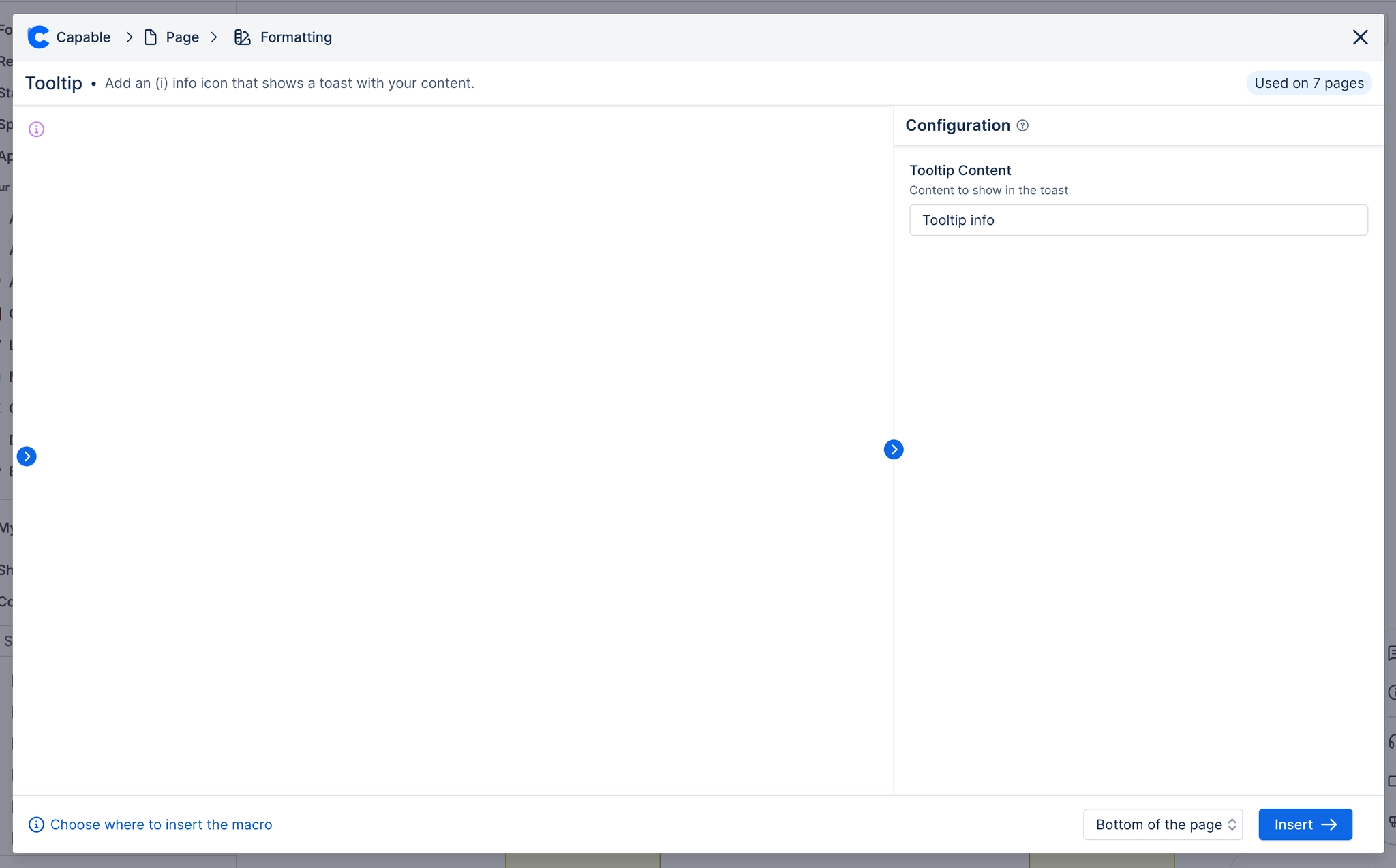 The Capable macro configuration dialog for Tooltip, with a small circled i icon previewed on the left and a single Tooltip Content field on the right.