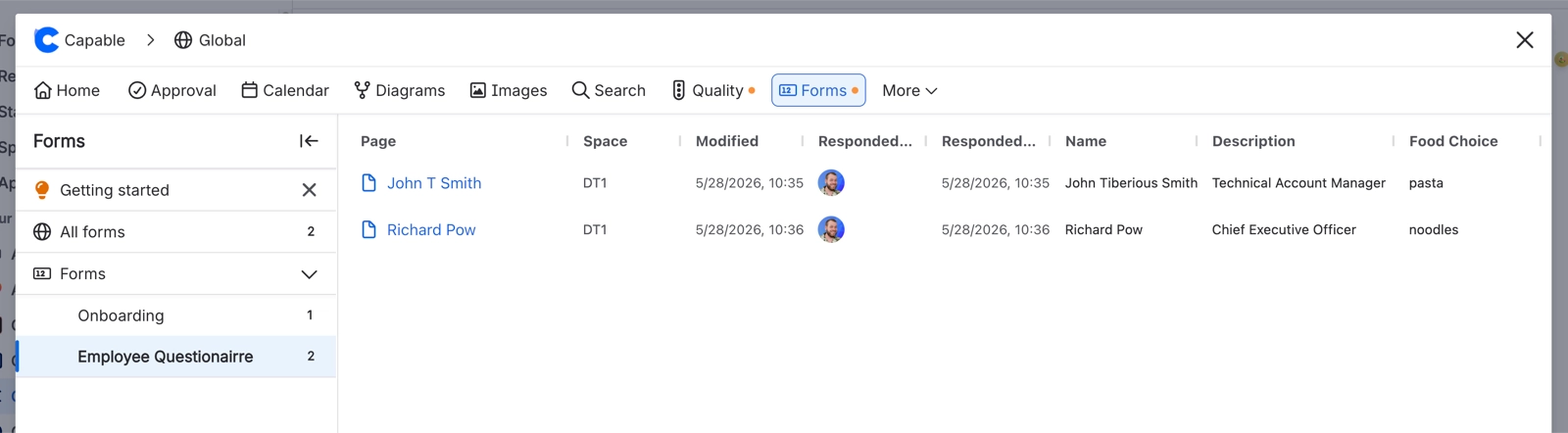 A responses table for the Employee Questionairre form with columns Page, Space, Modified, Responded by, Responded at, Name, Description and Food Choice, and two rows of demo answers.