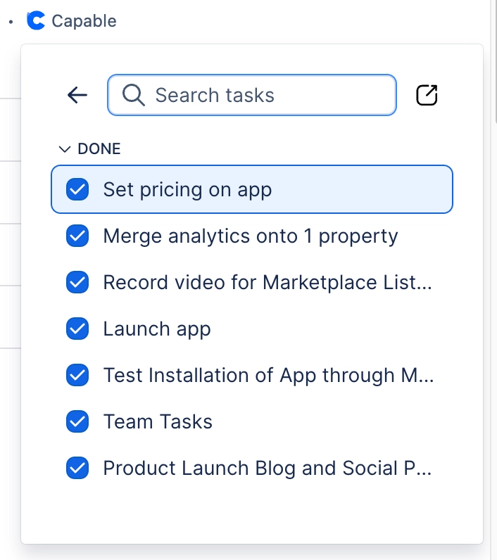 The Capable tasks panel with a Search tasks box and a Done group listing seven completed tasks, each with a ticked blue checkbox.