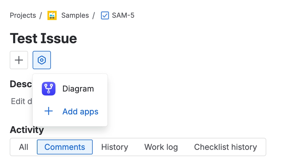 A Jira issue with the apps button open under the issue summary, showing a Diagram entry and an Add apps link.