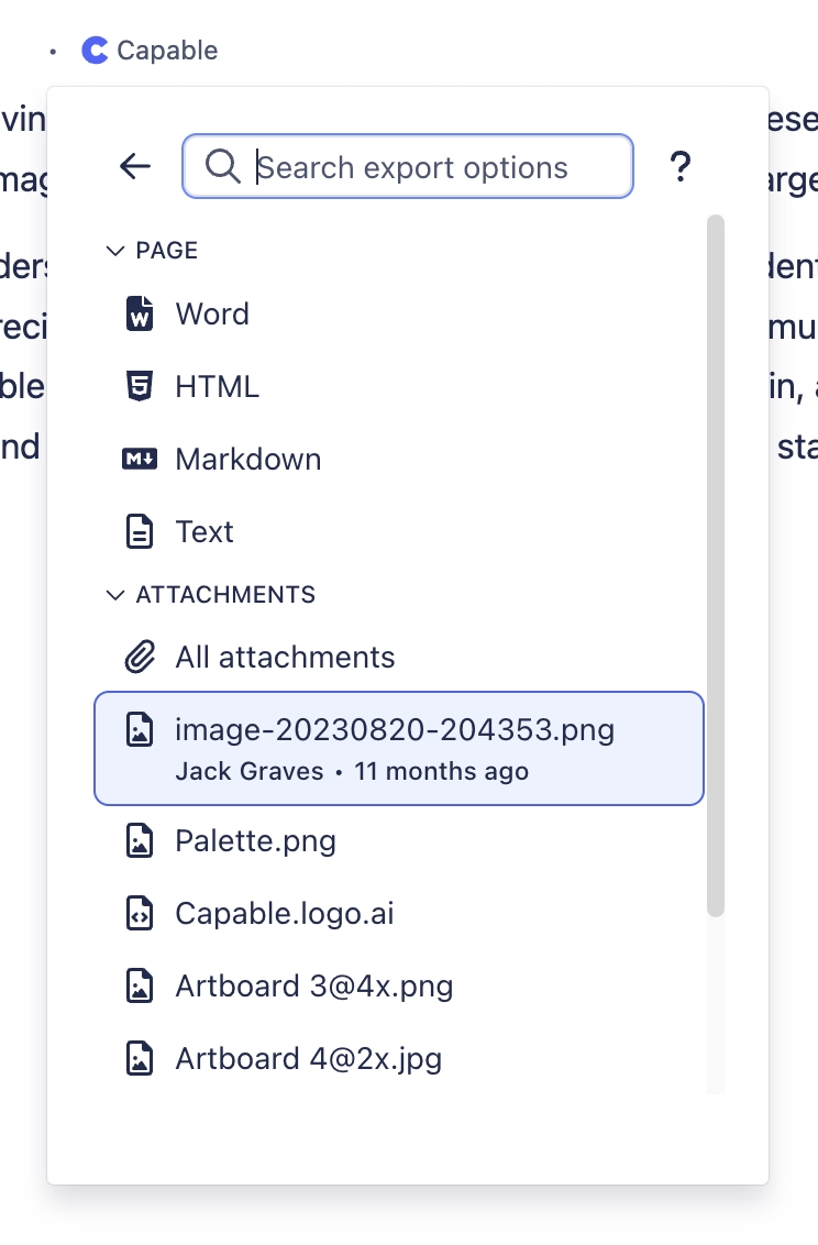 The export panel with the Attachments section expanded, showing All attachments followed by individual image and design files.