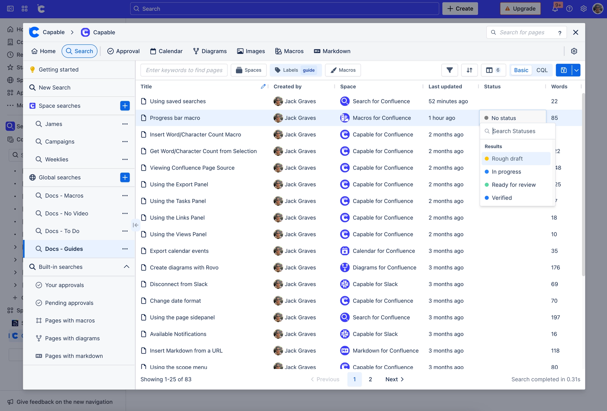 The Capable Search window inside Confluence, with a rail showing Space searches, Global searches and an expanded Built-in searches group listing Your approvals, Pending approvals, Pages with macros, P