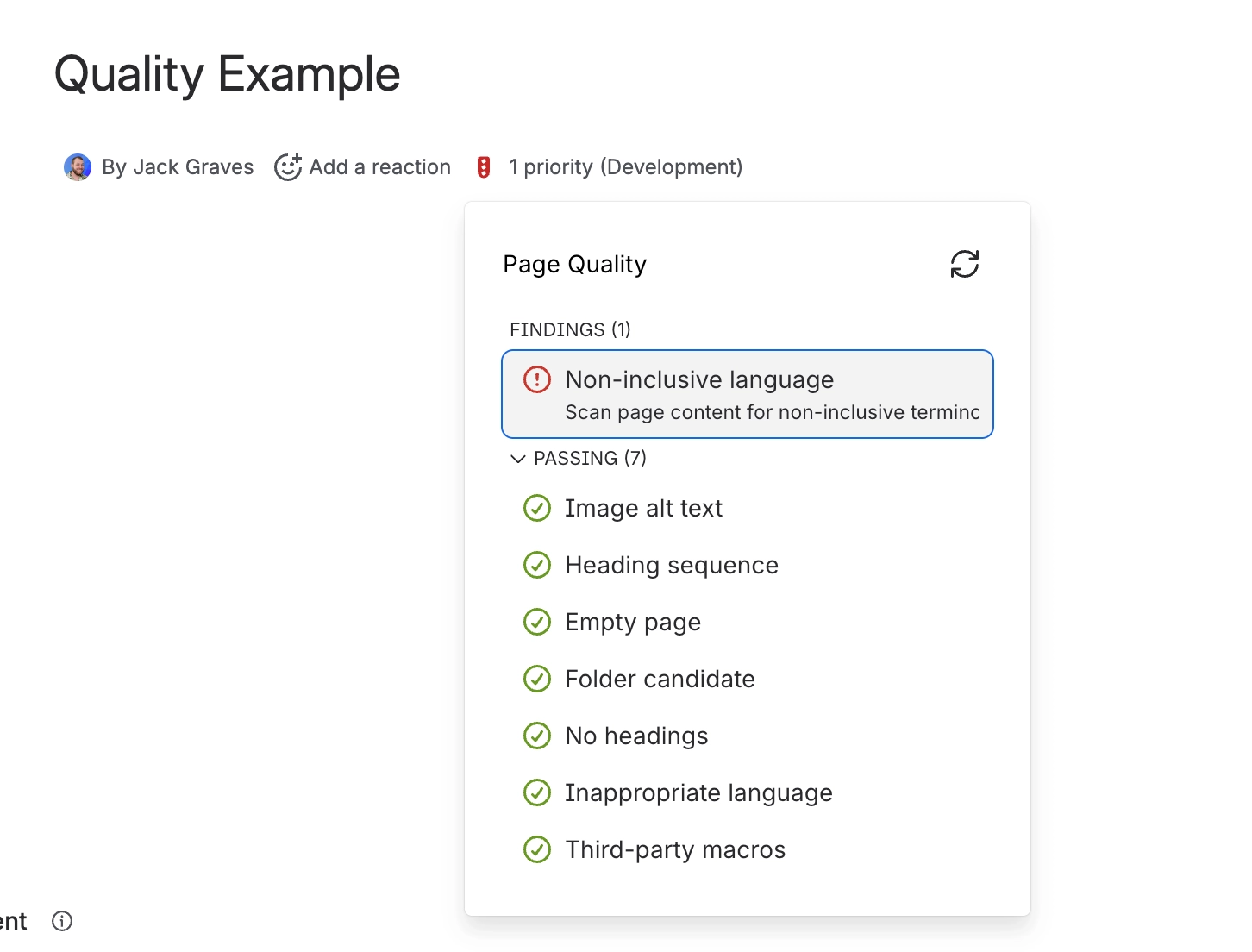 A Confluence page byline showing a red quality lozenge reading 1 priority, with the Page Quality panel open below listing one non-inclusive language finding and seven passing rules including Image alt