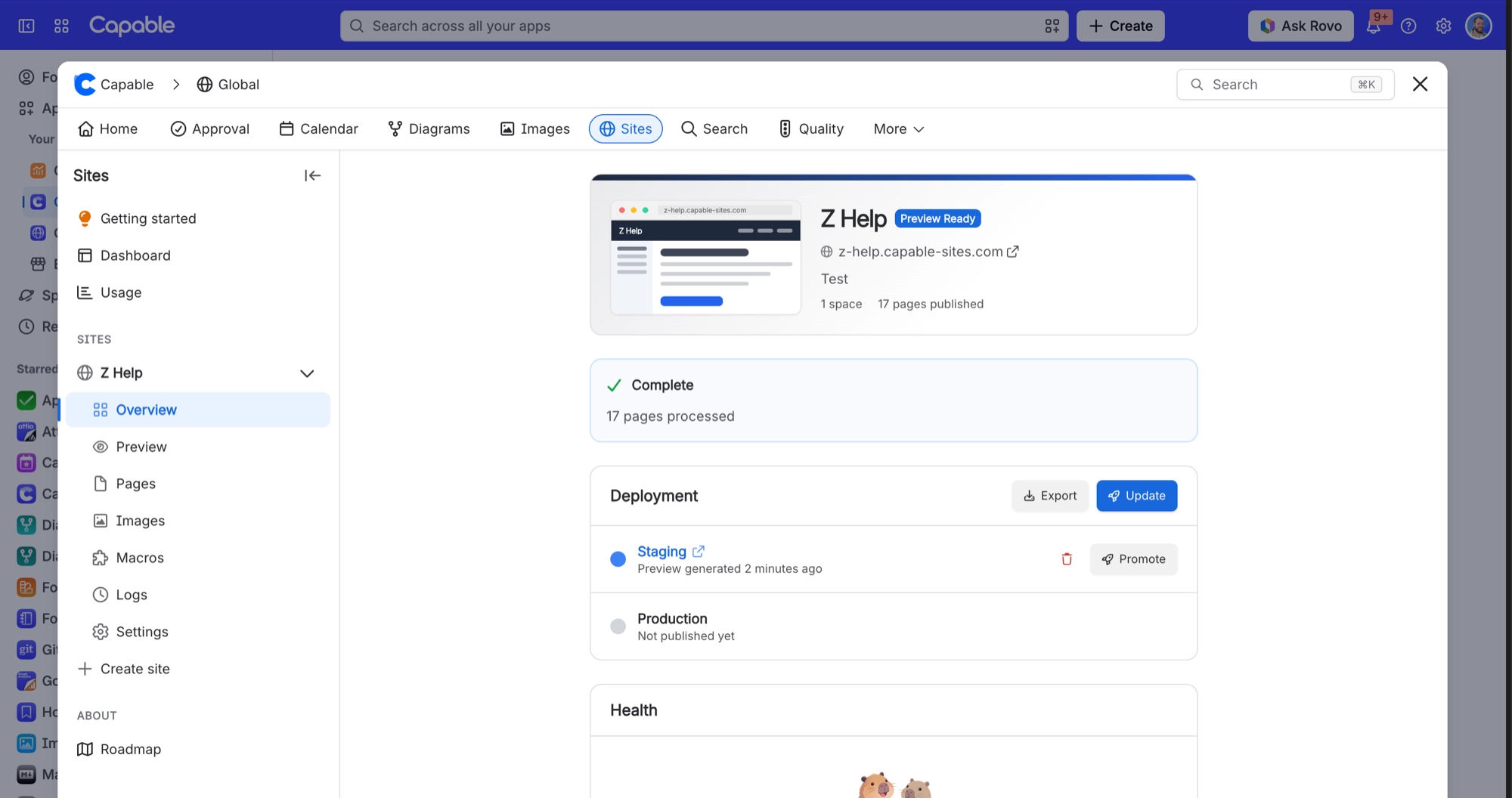 Sites Overview with the Deployment card showing Update at the top and a staging preview generated two minutes ago with a Promote button