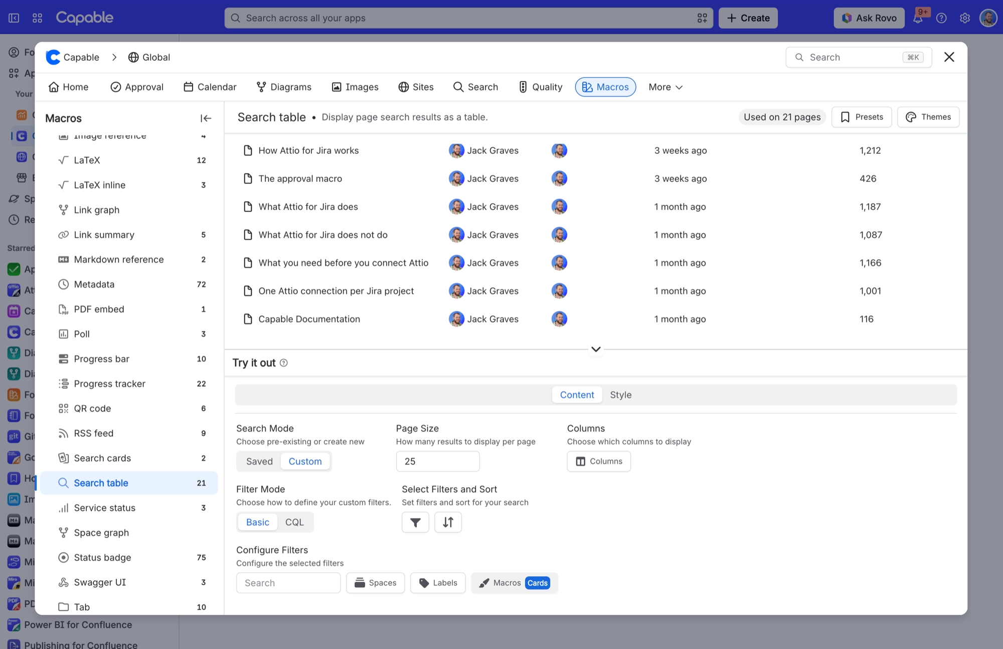 The Search table macro in Capable Macros, with a preview table of pages above the Try it out settings for search mode, page size, columns, filter mode and filters