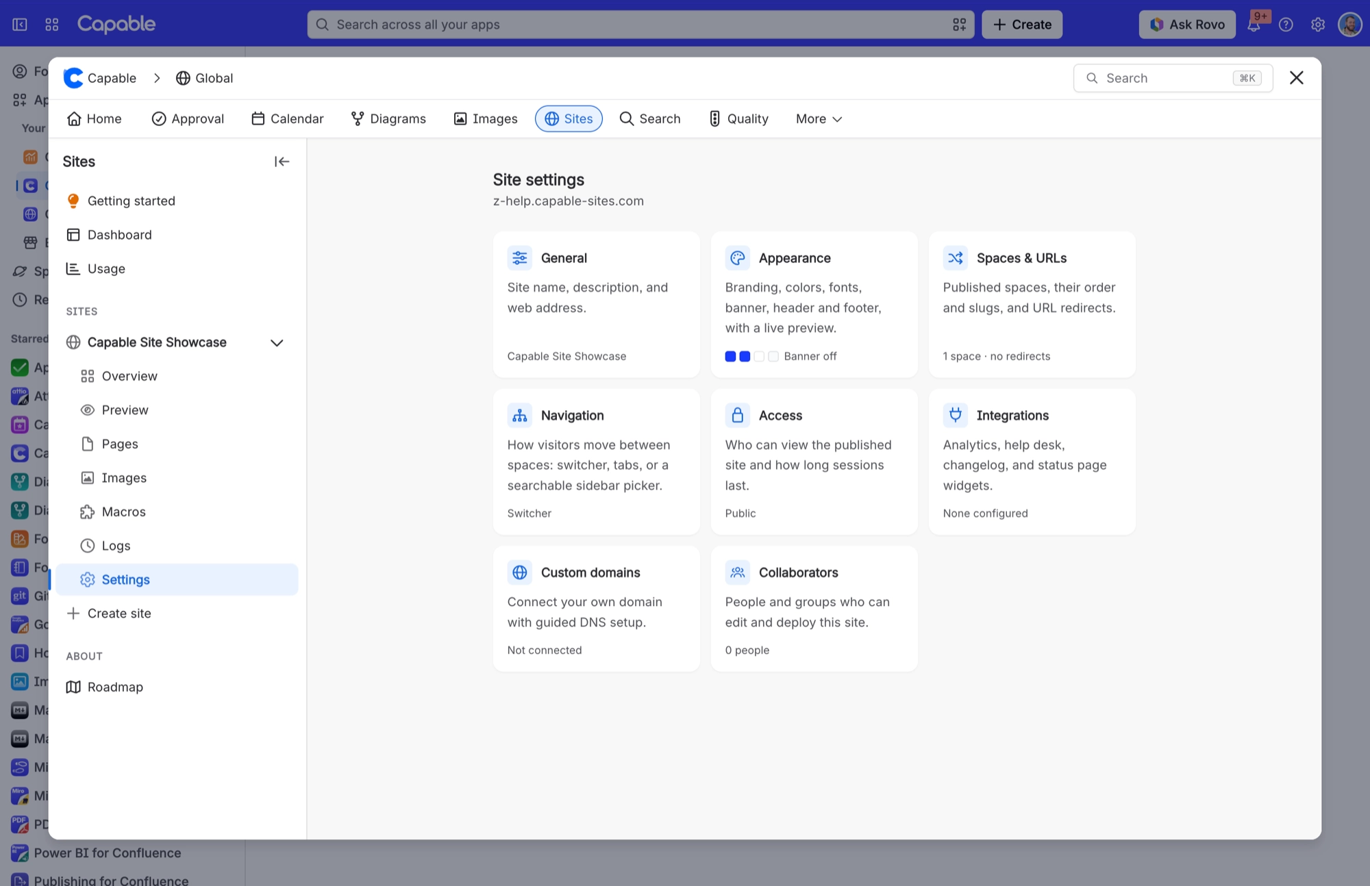 Site settings overview in Capable Sites, with the Collaborators card at the bottom showing who can edit and deploy the site