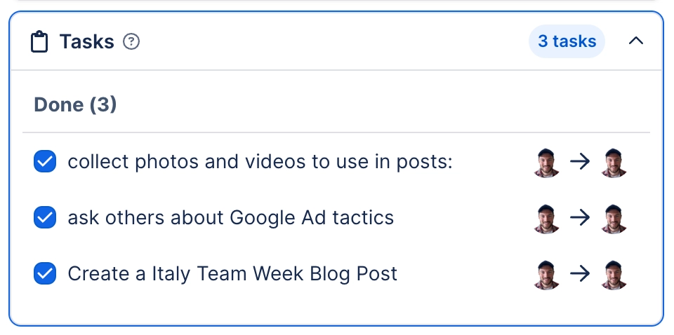 Tasks panel in Confluence search