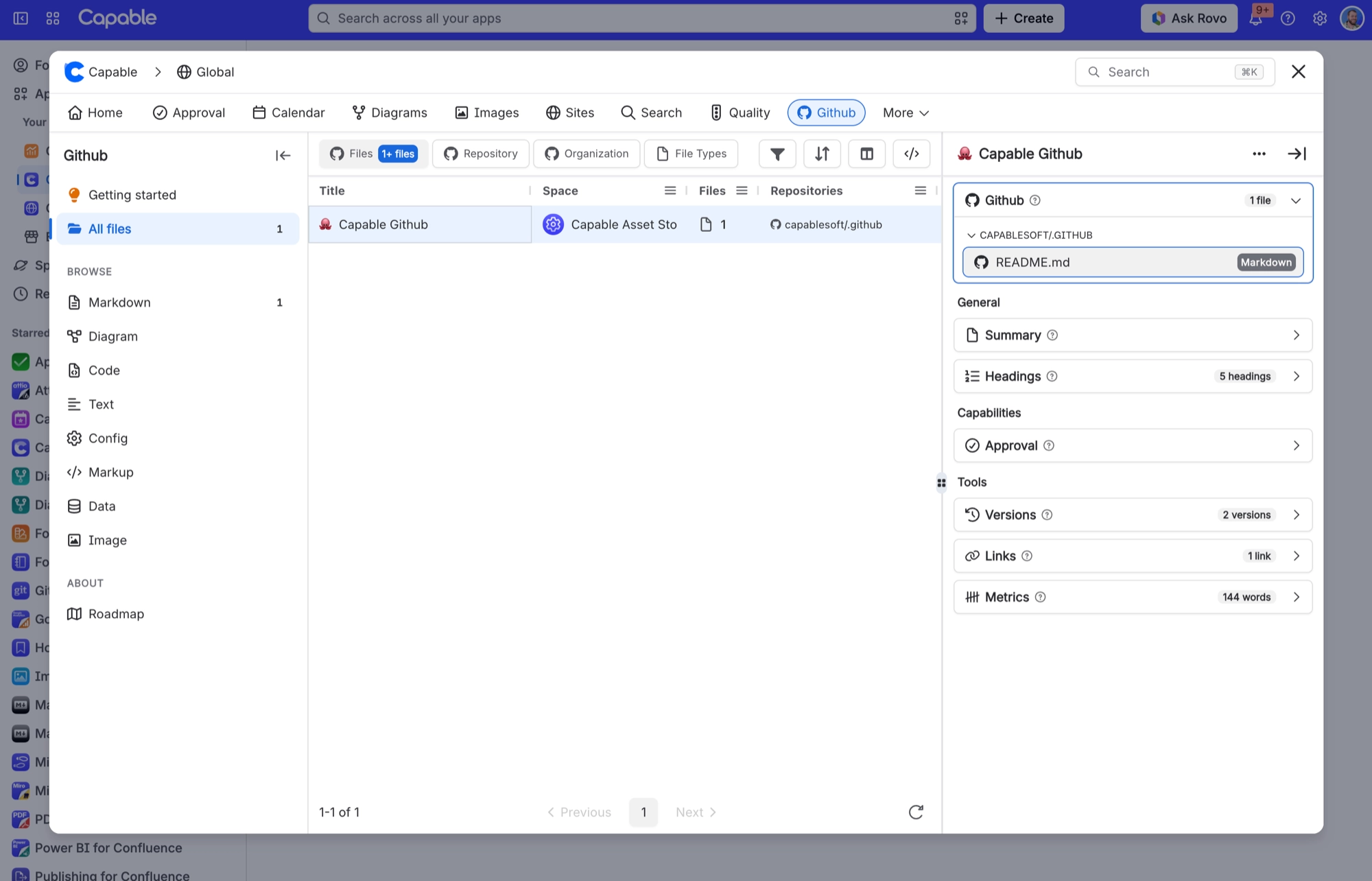 The Capable app Github tab, with an All files list of pages and a details panel for the selected page showing its GitHub file