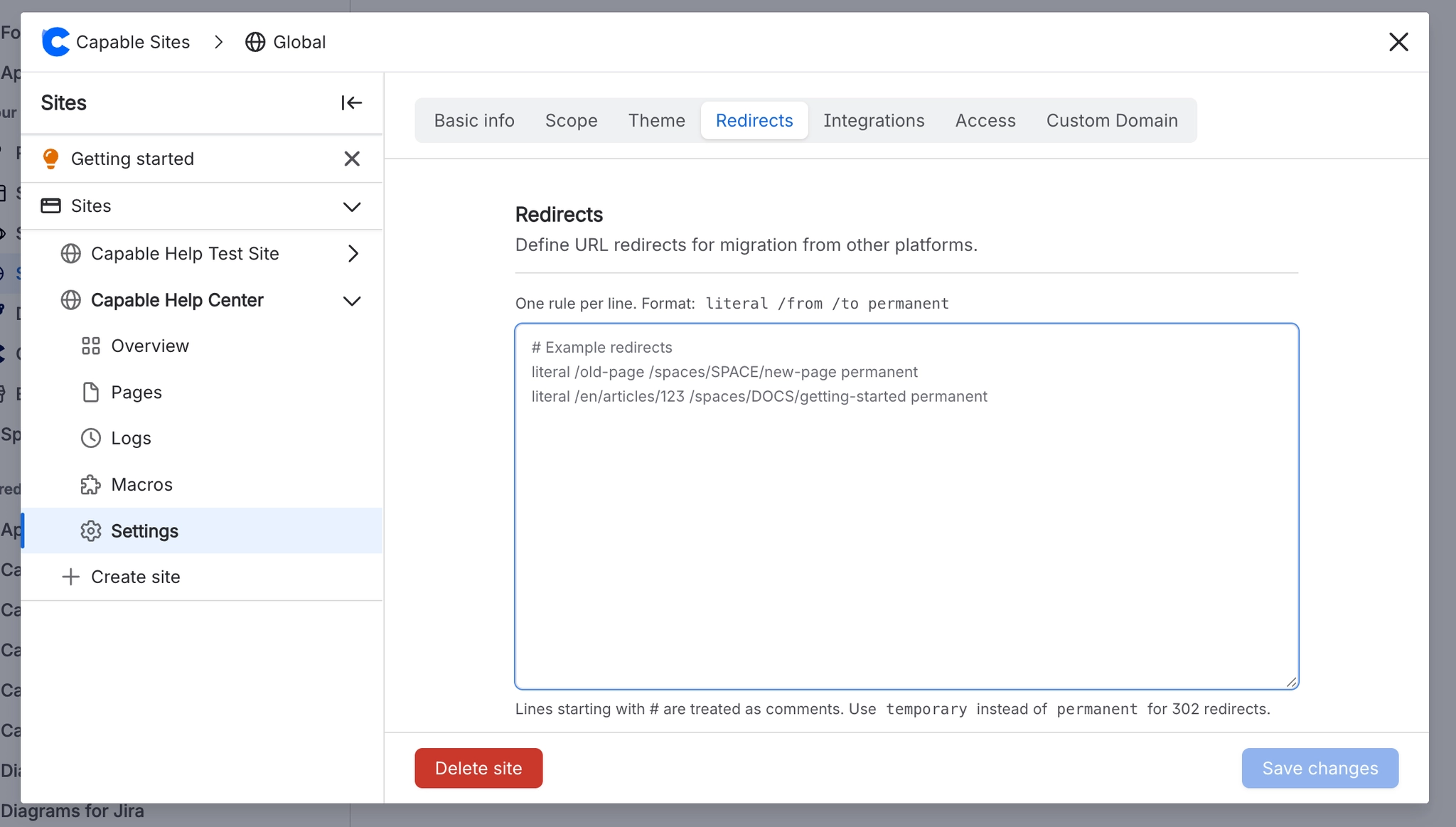 Set up Redirections in Capable Sites