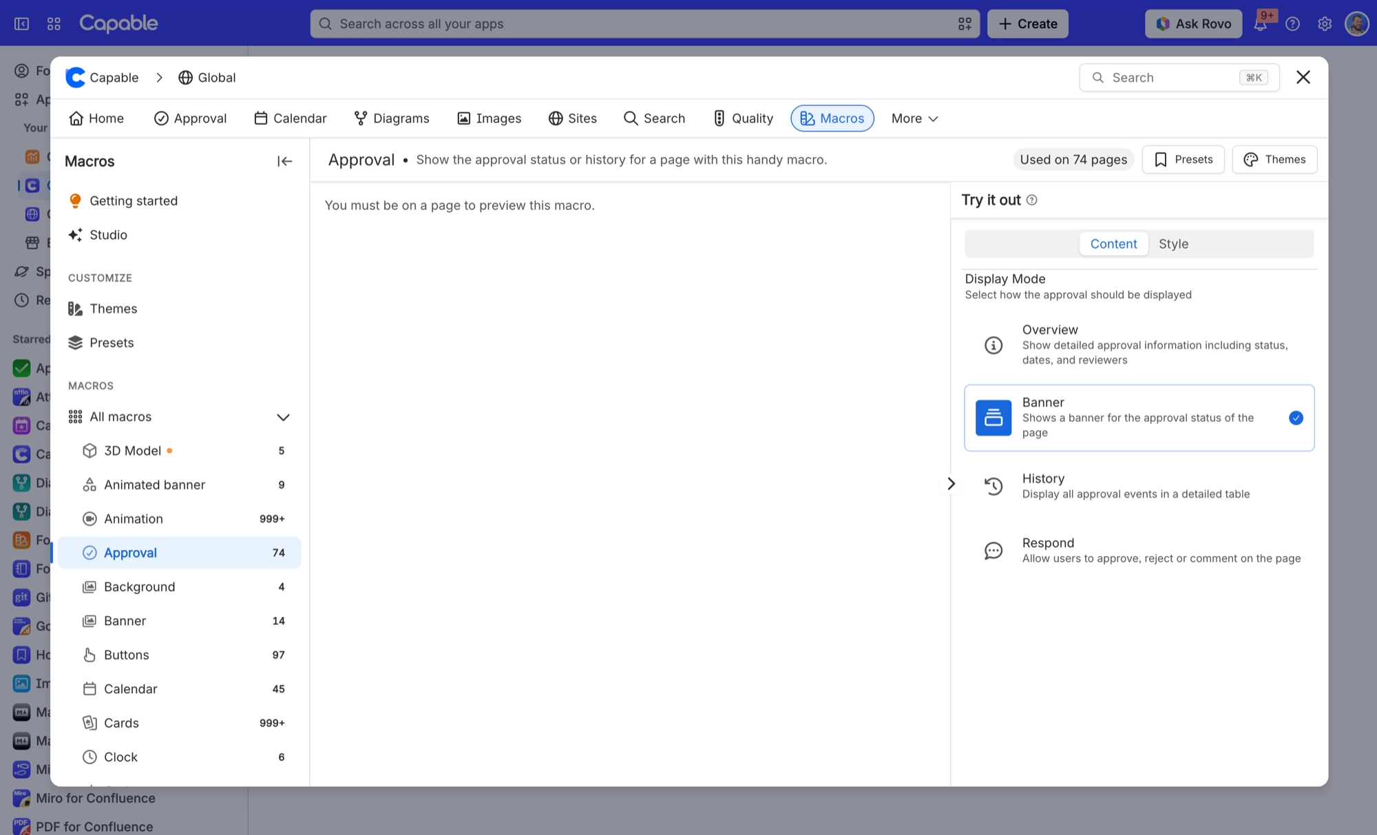Approval macro settings with Display Mode options Overview, Banner, History and Respond