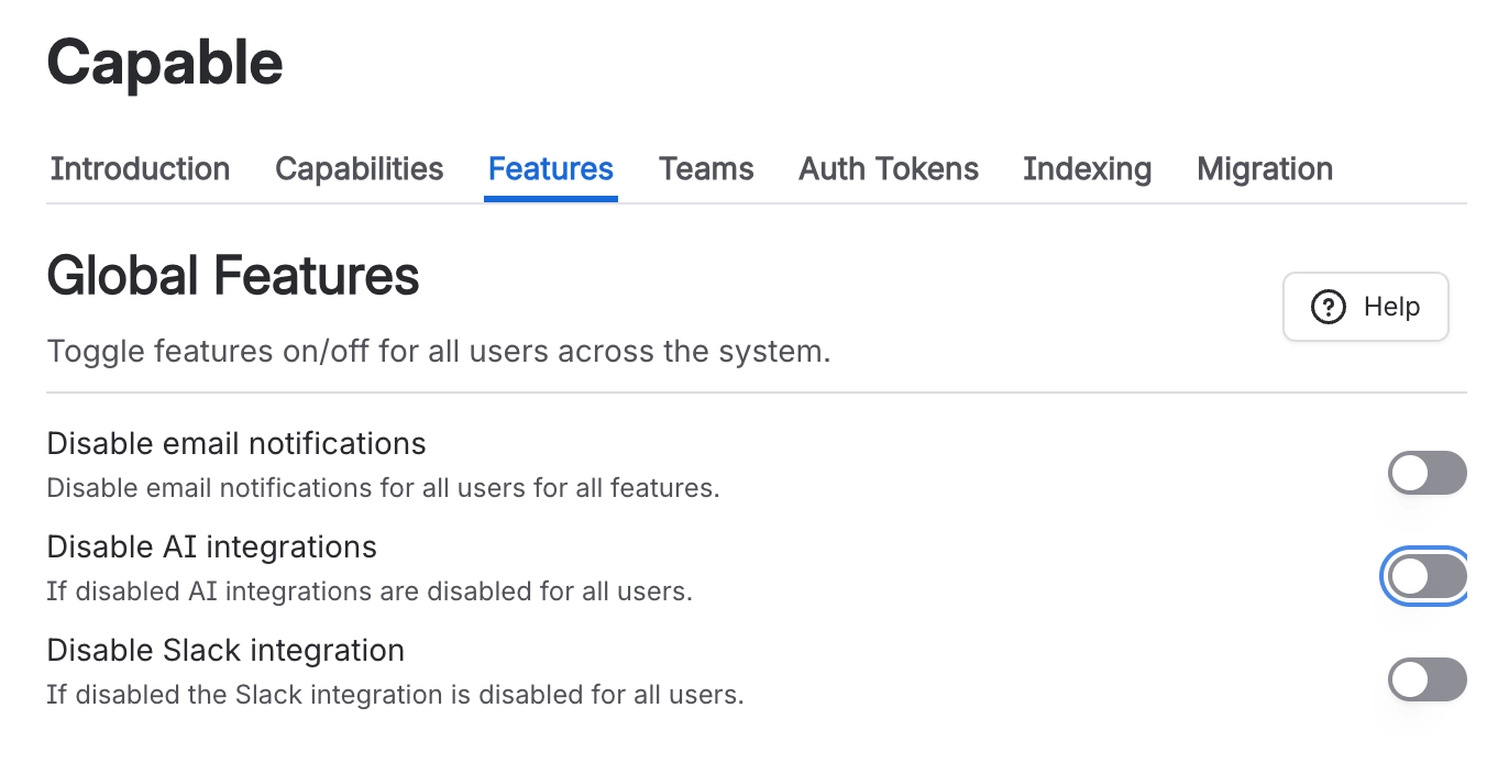 Disable features in Capable for Confluence