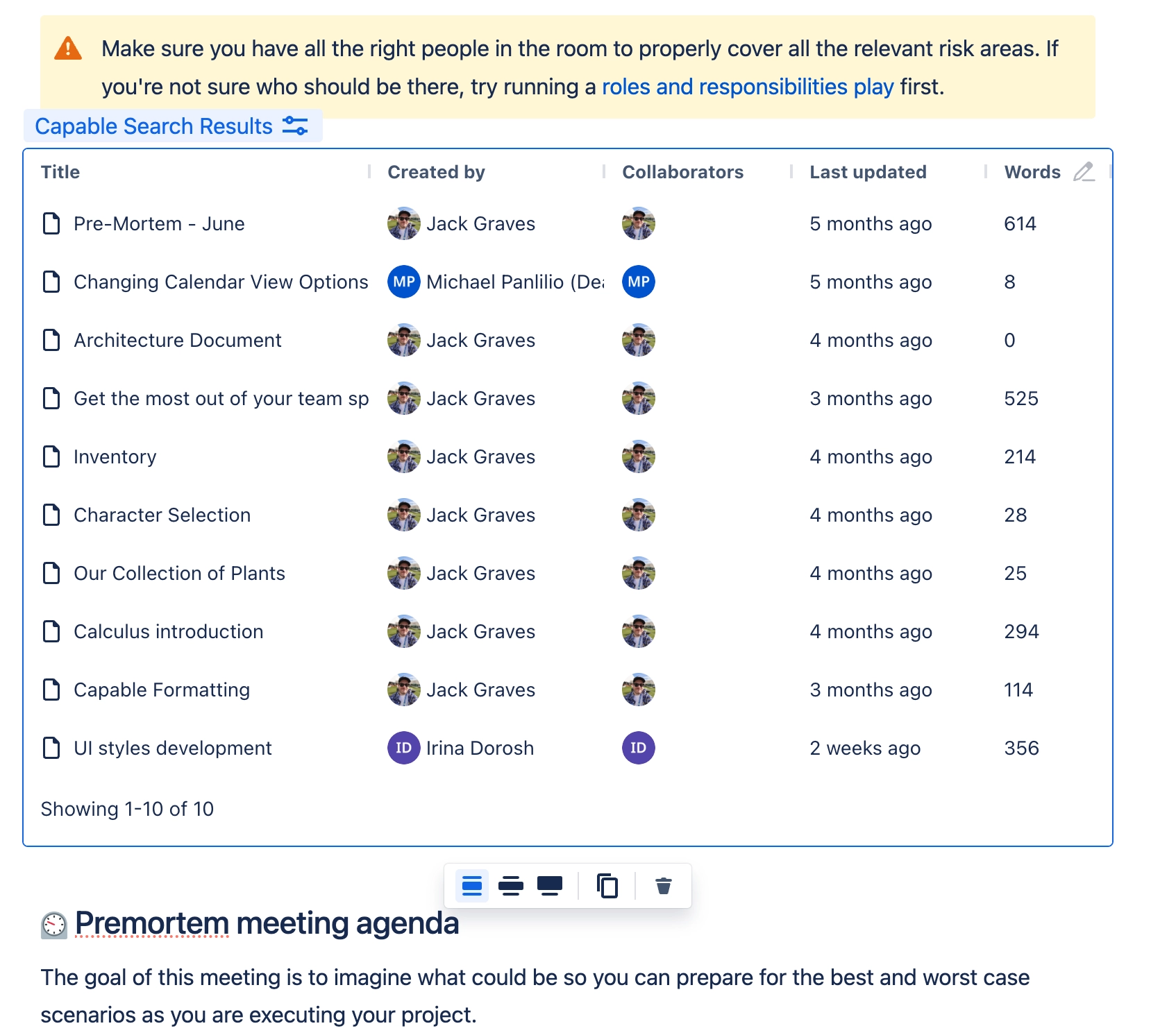 A Confluence page open in the editor with a Capable Search Results macro below a warning panel, rendering a table of ten pages with title, created by, collaborators, last updated and words, and a head