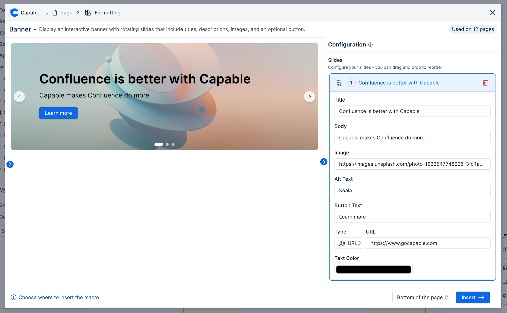 The Banner macro configuration modal with the first slide expanded, showing title, body, image URL, alt text, button text, link type, URL and text colour fields.