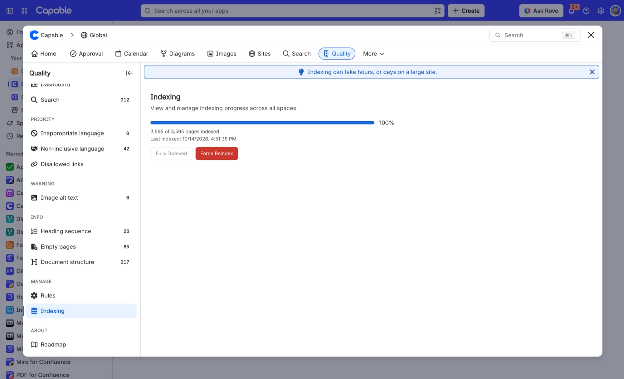 The Indexing page in Capable Quality showing a full progress bar, pages indexed count, last indexed time and a Force Reindex button