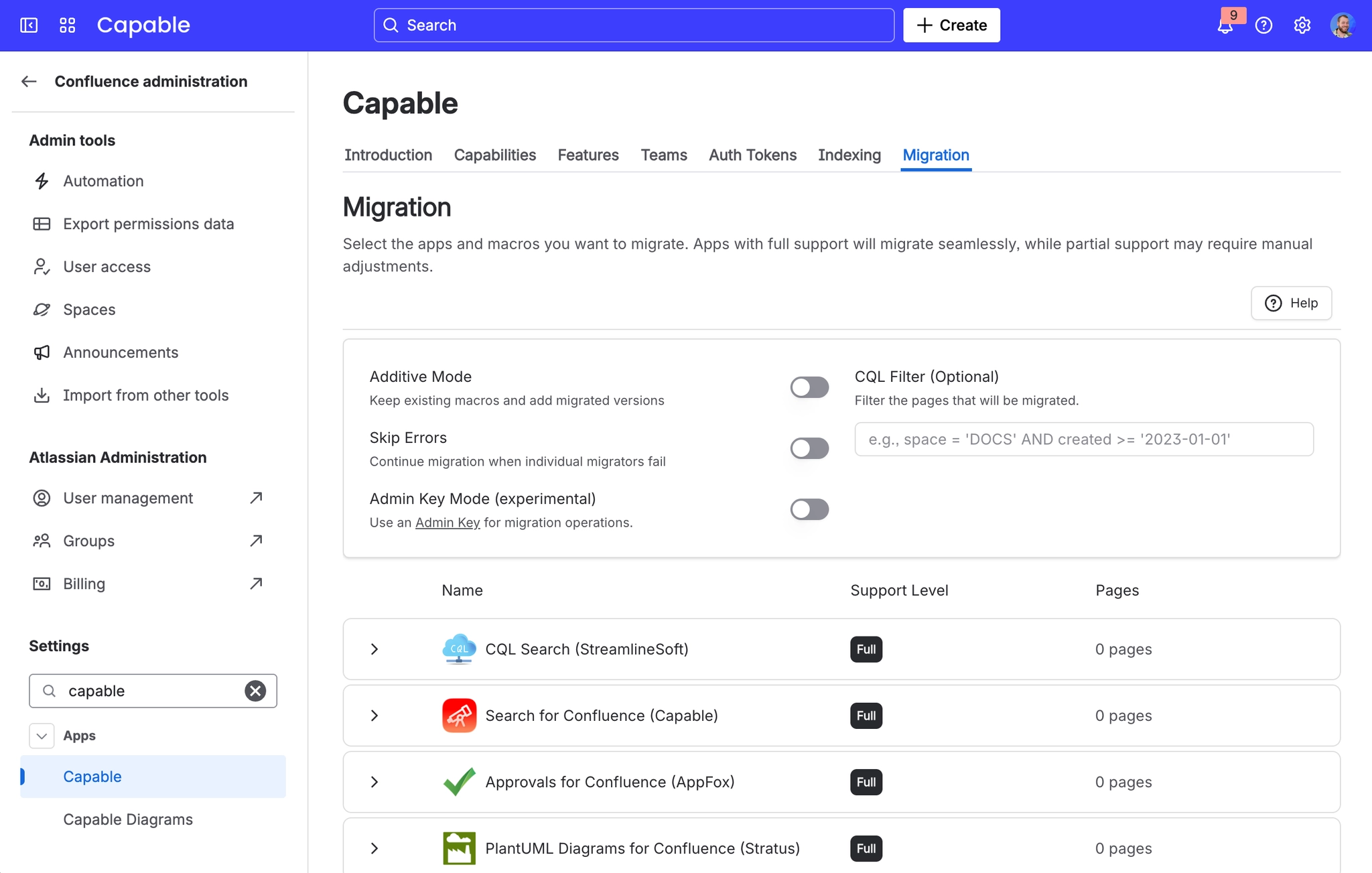 The migration assistant listing source apps including CQL Search, Search for Confluence, Approvals for Confluence and PlantUML Diagrams for Confluence, each with a support level badge and a page count