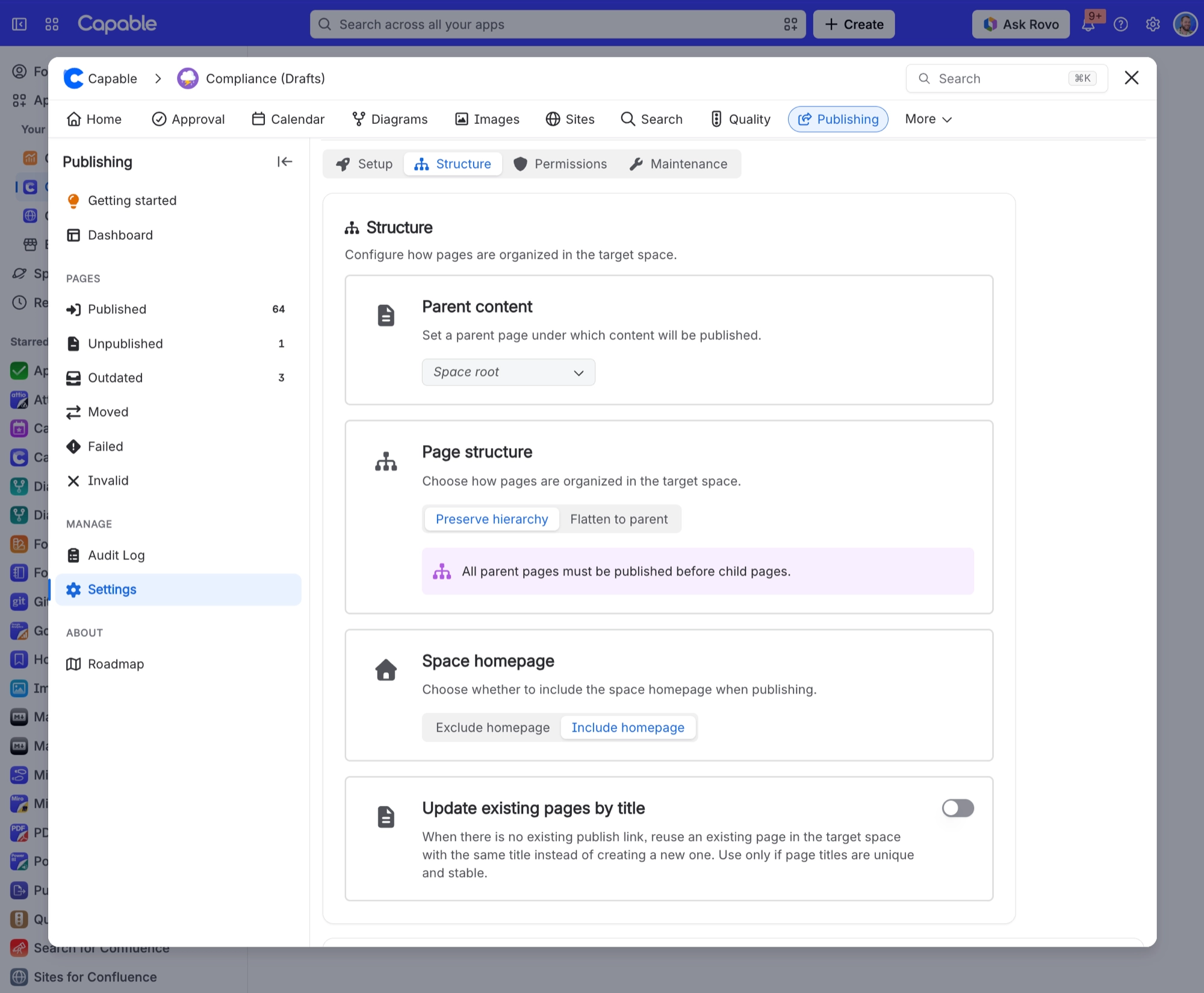 Publishing Settings Structure tab with parent content, page structure, space homepage and update by title options