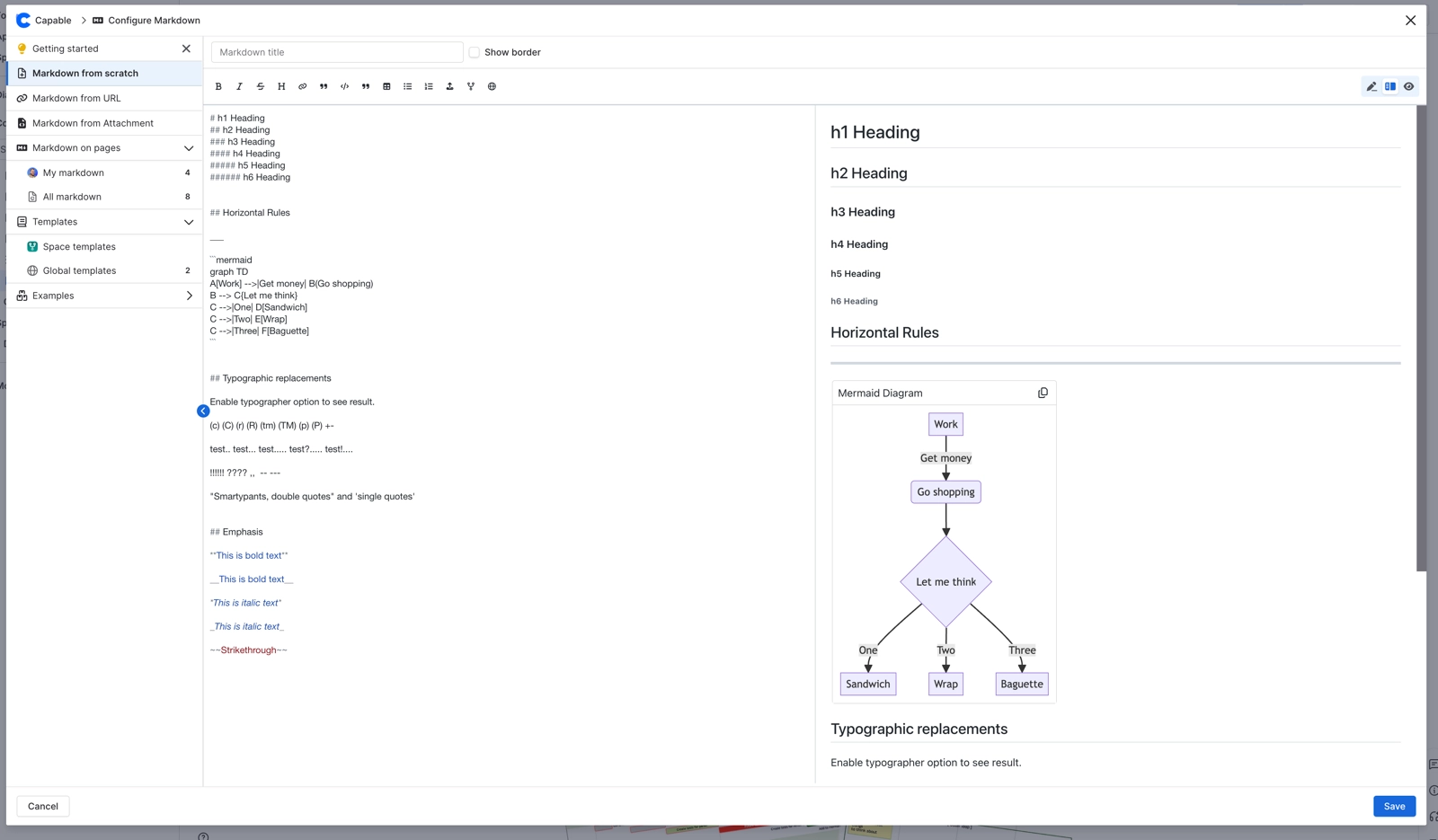 The Configure Markdown dialog on Markdown from scratch. The left half holds markdown source with six heading levels, a mermaid fence and emphasis examples. The right half shows the same content render
