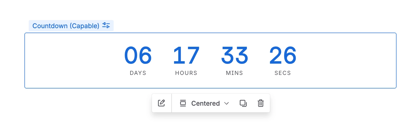 A countdown in the Confluence editor reading 06 days, 17 hours, 33 minutes and 26 seconds, with a floating macro toolbar reading centered beneath it.