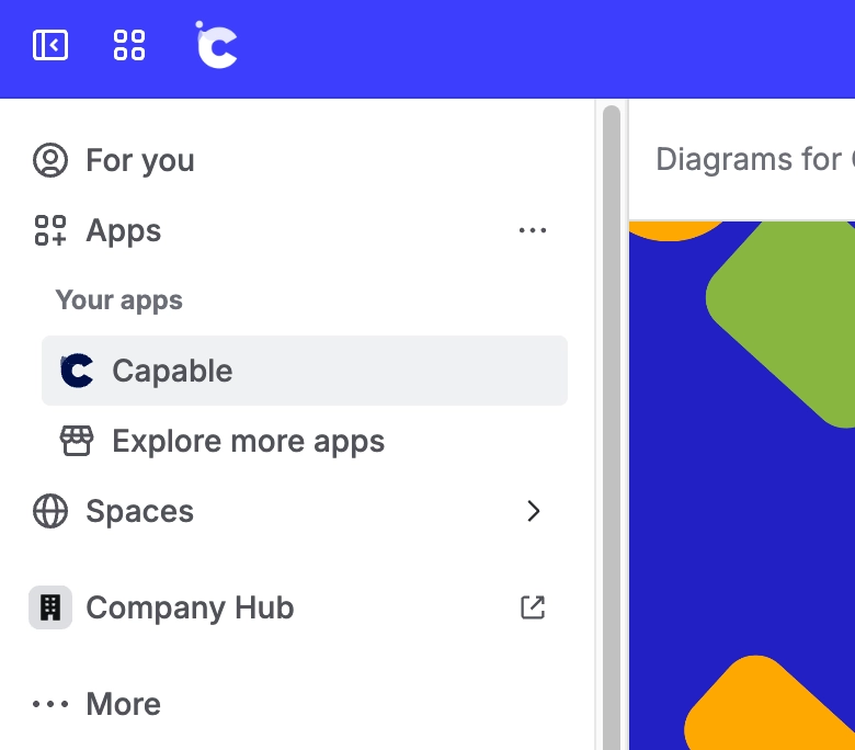 The Confluence left navigation with the Apps section expanded, showing Capable under Your apps.
