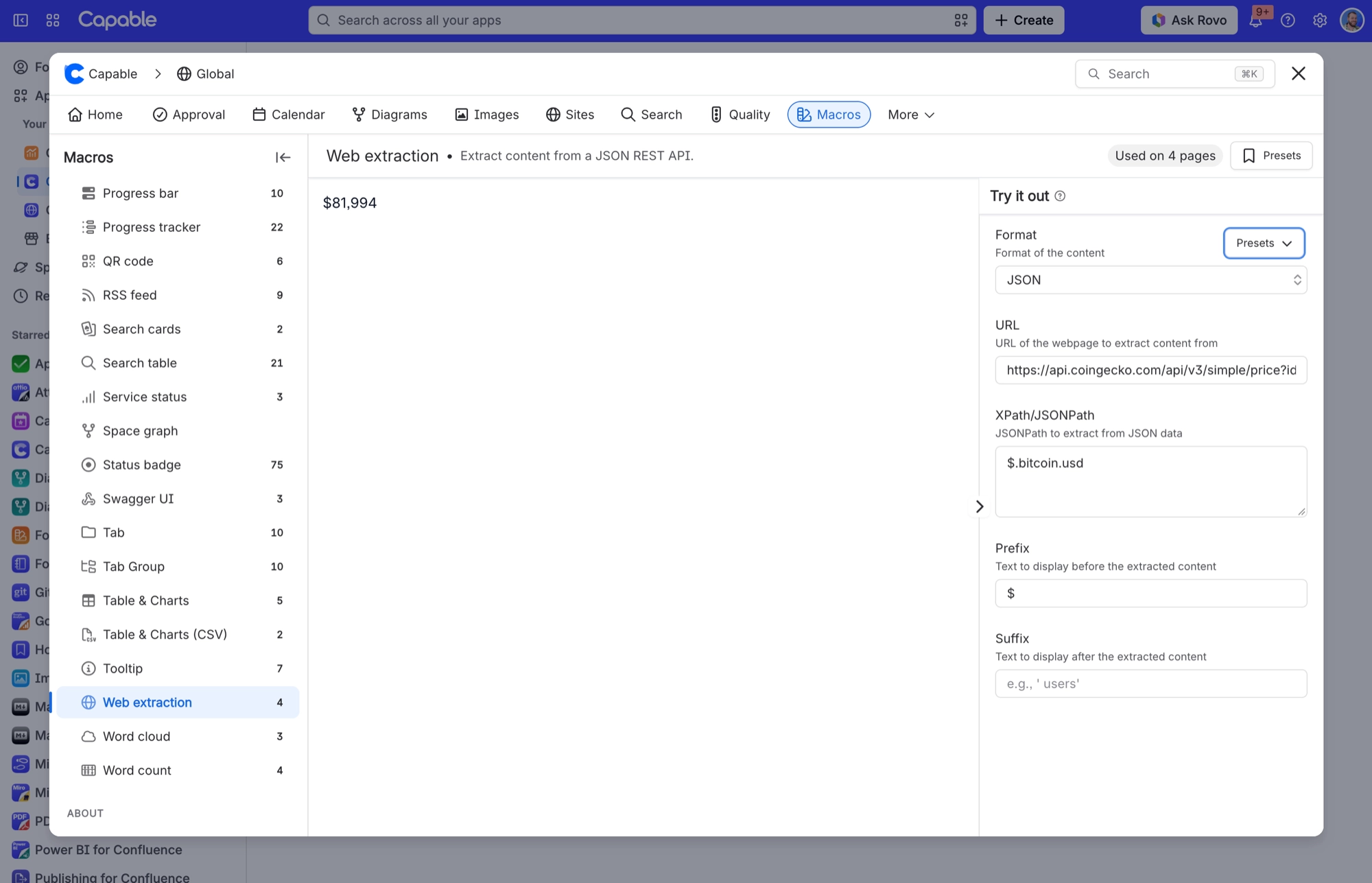 Web extraction in Capable Macros, with a Bitcoin price preview and Try it out fields for format, URL, JSONPath, prefix and suffix