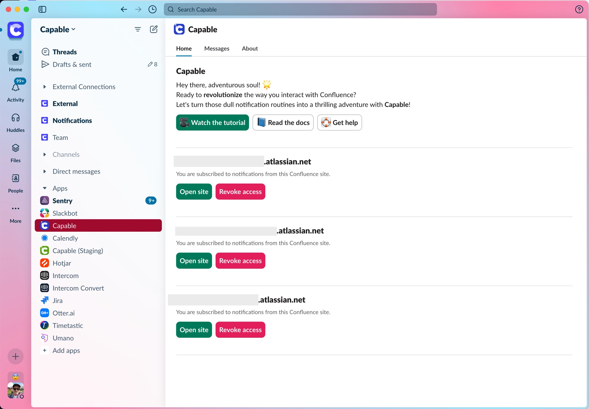 The Capable app home in Slack, listing three subscribed Confluence sites whose names are obscured, each with Open site and Revoke access buttons.