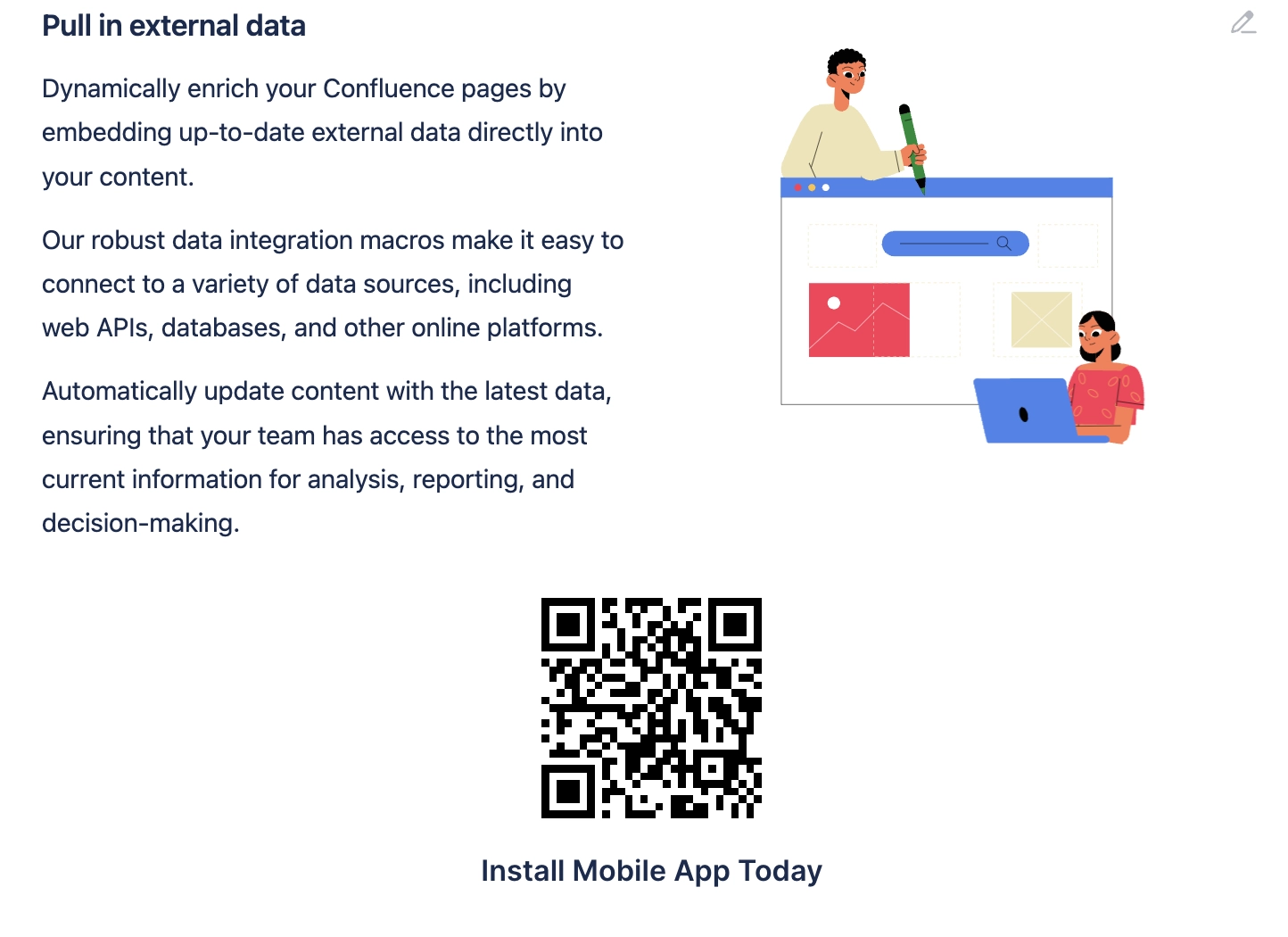 A Confluence page section headed pull in external data, with a QR code centred below the text and the words install mobile app today beneath the code.