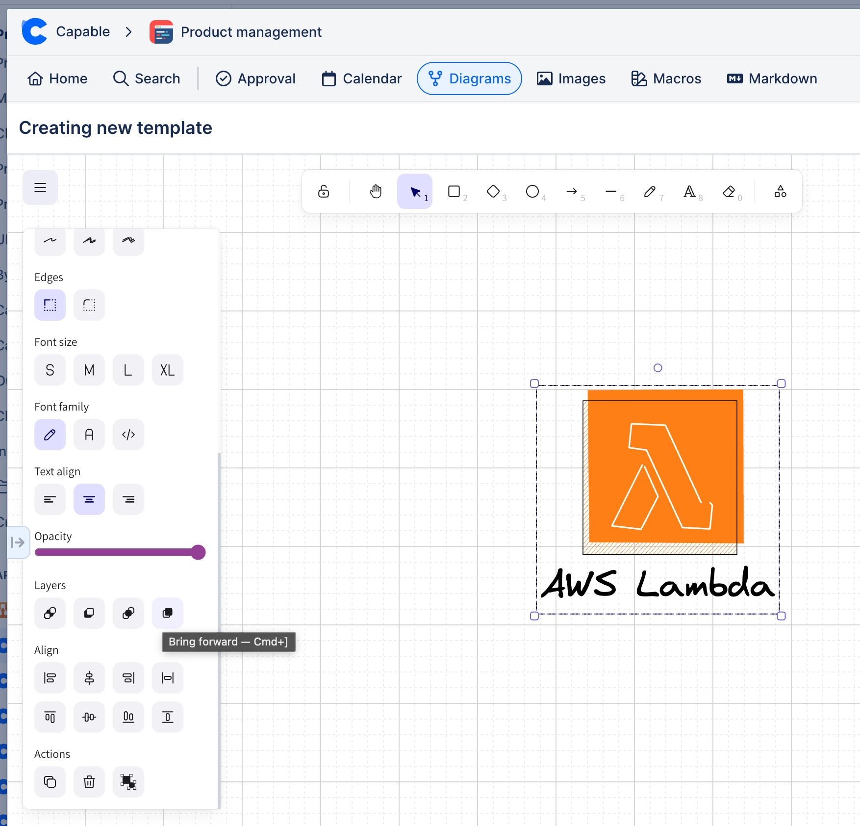 An AWS Lambda icon selected on the Excalidraw canvas, with the properties panel open on its layer and align rows and a tooltip reading bring forward, command and right bracket.