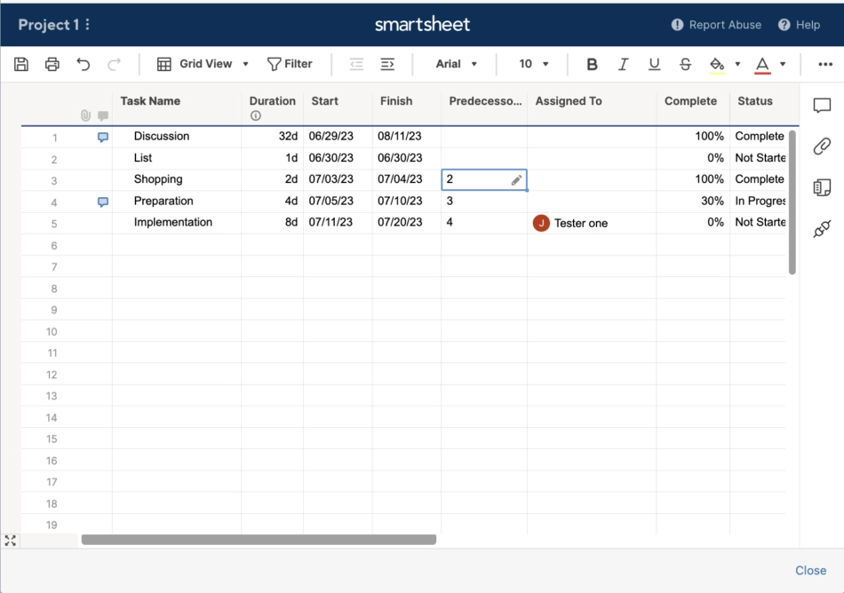 An embedded Smartsheet grid in edit mode, with a formatting toolbar across the top, five task rows and a Close link in the corner.