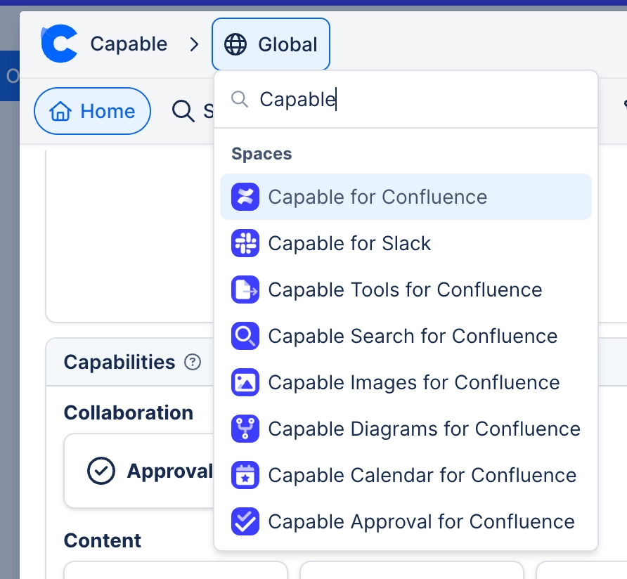 The dashboard breadcrumb open, showing a search box and a list of spaces to scope the view to.