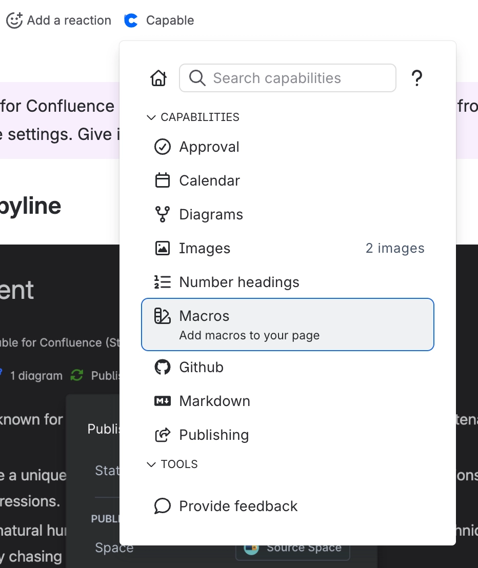 The Capable menu open beneath a page title, listing Approval, Calendar, Diagrams, Images, Number headings, Macros, Github, Markdown and Publishing, with Macros highlighted and described as add macros 