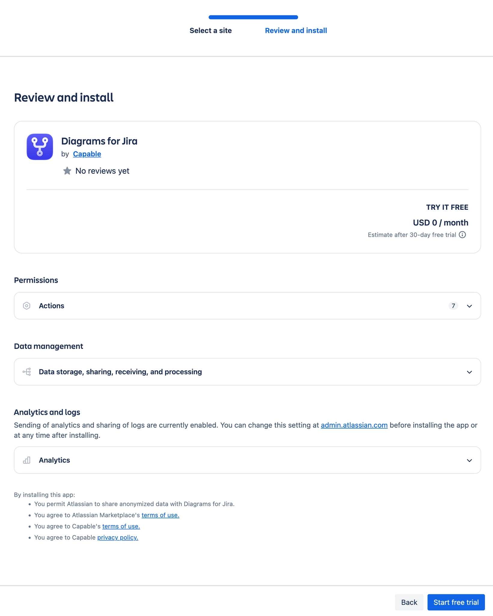 The Atlassian Marketplace Review and install screen for Diagrams for Jira by Capable, with collapsed Permissions, Data management and Analytics sections, a thirty day free trial note and a Start free 