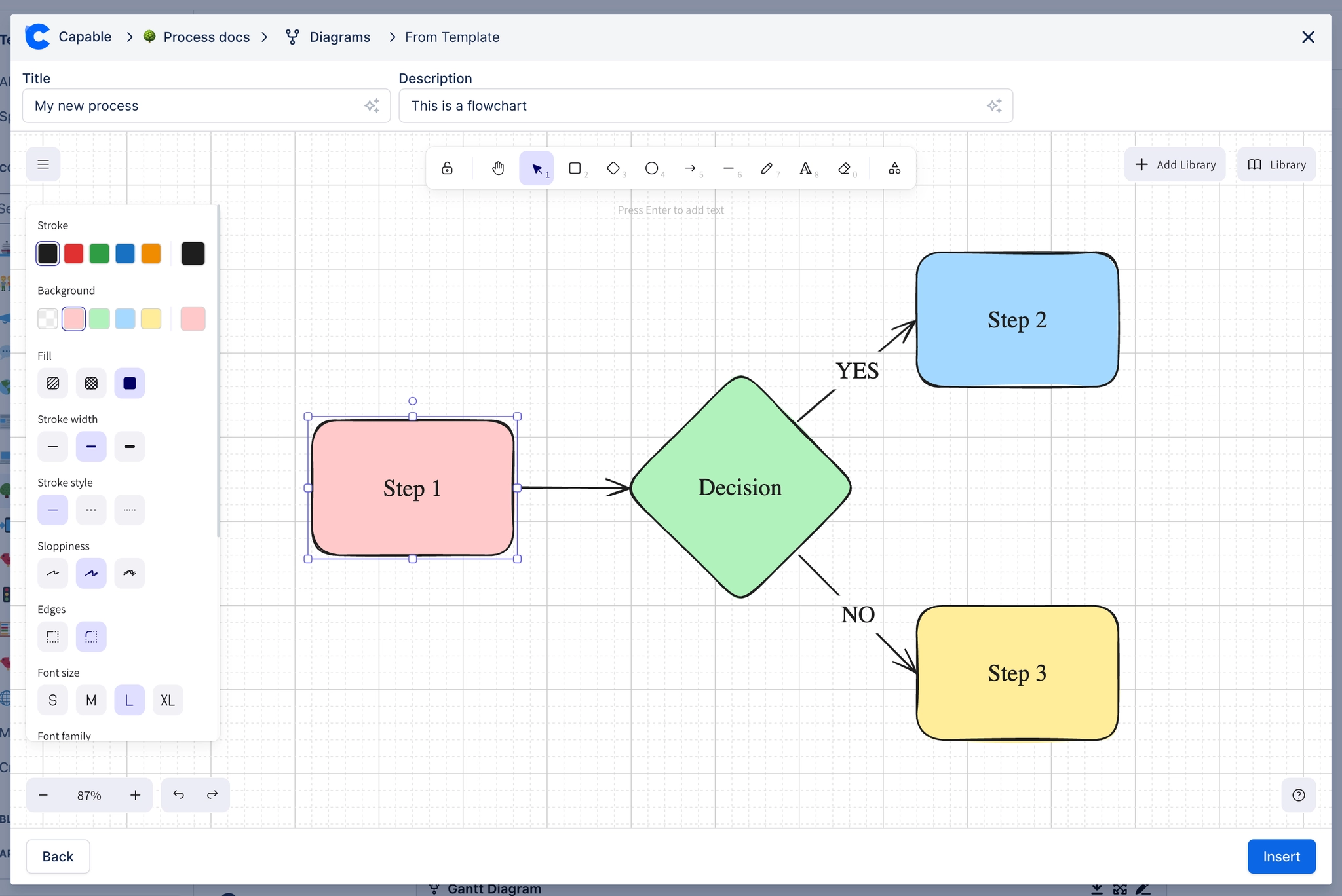 The Excalidraw canvas with a hand drawn flowchart in which Step 1 leads to a decision that branches yes to Step 2 and no to Step 3, with a style panel open on the left.