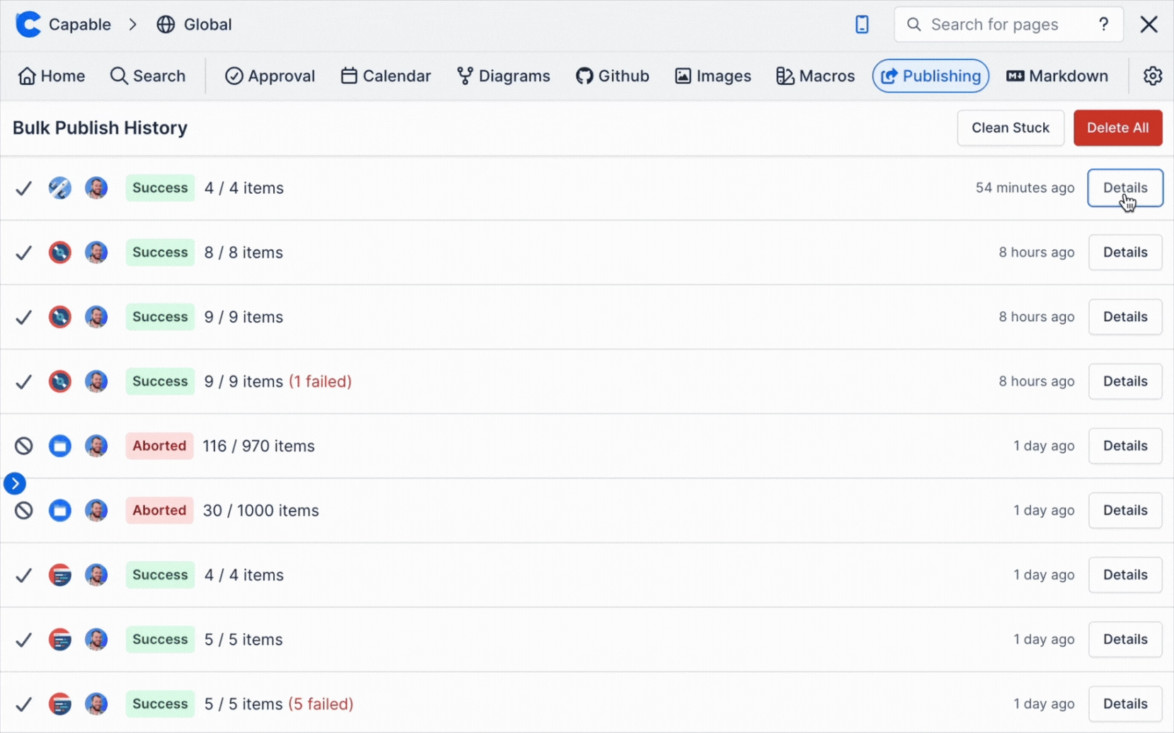 Bulk Publish History screen in the Capable app listing publish jobs with success and aborted labels, item counts, timestamps and Details buttons, with Clean Stuck and Delete All actions in the header.
