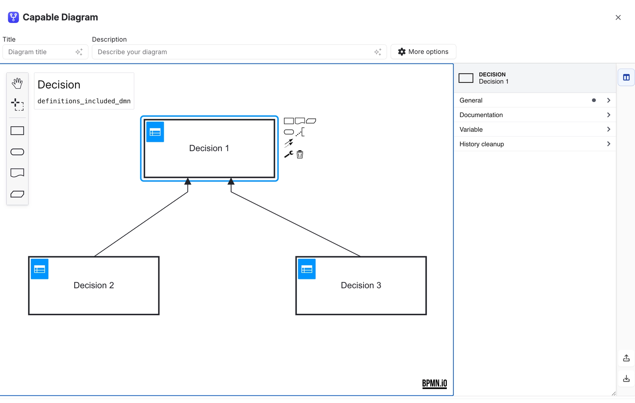The DMN editor showing a decision requirements diagram in which Decision 2 and Decision 3 feed Decision 1, with a shape palette on the left and a properties panel listing General, Documentation, Varia