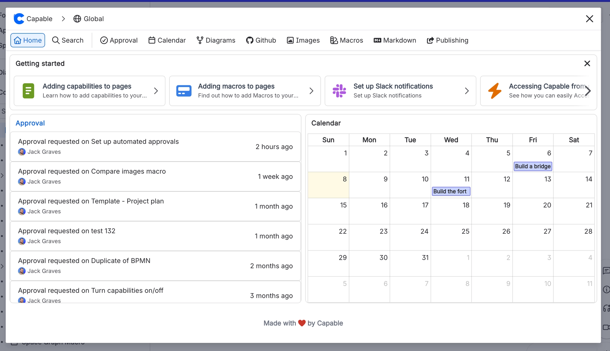 The Capable dashboard open on the Home tab, with tabs for Search, Approval, Calendar, Diagrams, Github, Images, Macros, Markdown and Publishing, a Getting started row of cards, a list of recent approv