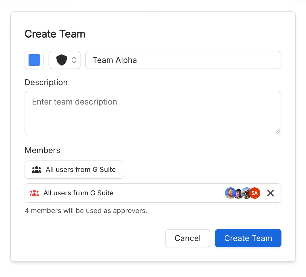 Create Team dialog with a group added under Members and a note that 4 members will be used as approvers