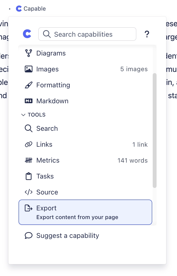The Capable byline menu open, listing capabilities and tools with Export highlighted at the bottom.