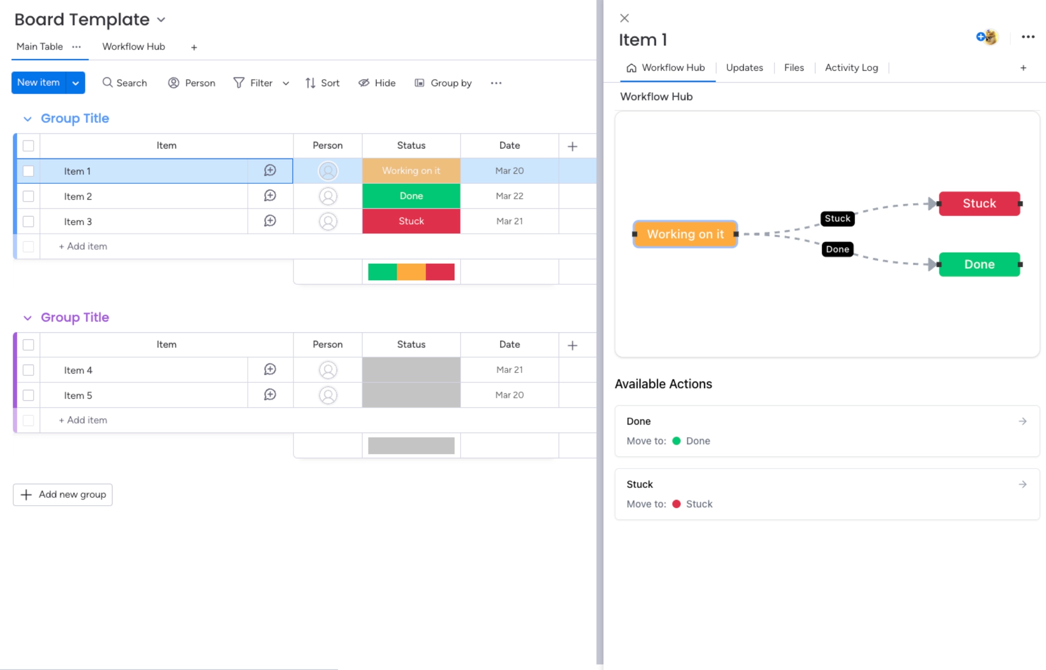 monday.com board with Item 1 open and its Workflow Hub tab selected, showing a Working on it node linked to Stuck and Done above an Available actions list.