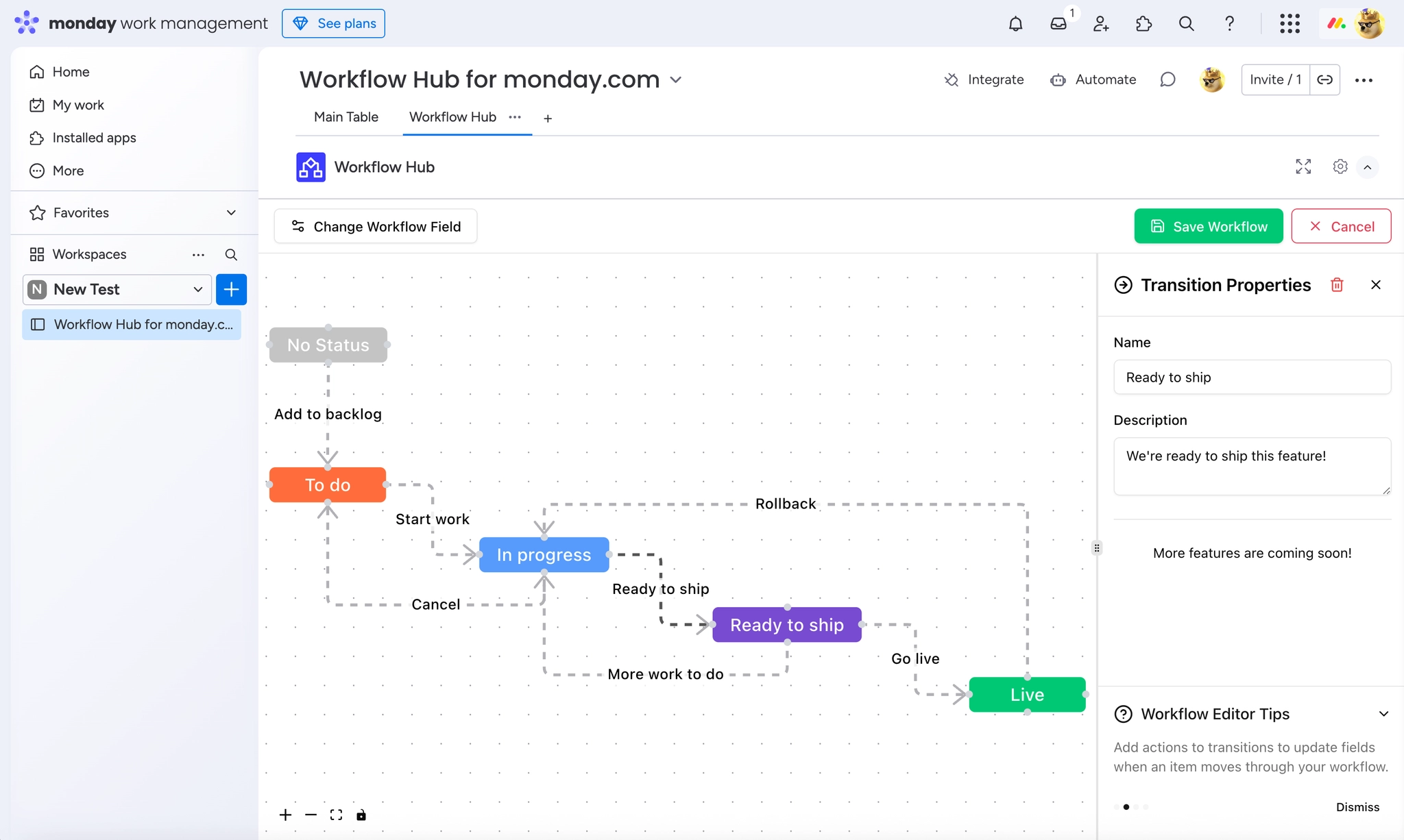 monday.com window with the Workflow Hub board view open, showing a workflow running from No Status through To do, In progress, Ready to ship and Live, with a transition properties panel on the right.