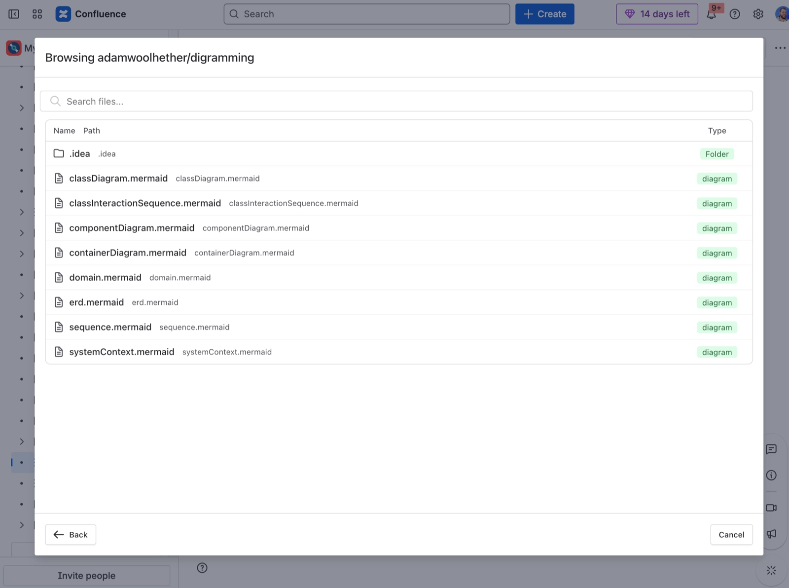 The file browser inside a repository, listing one folder and eight Mermaid files, each tagged as a diagram in a Type column, with a file search box above and Back and Cancel buttons below.