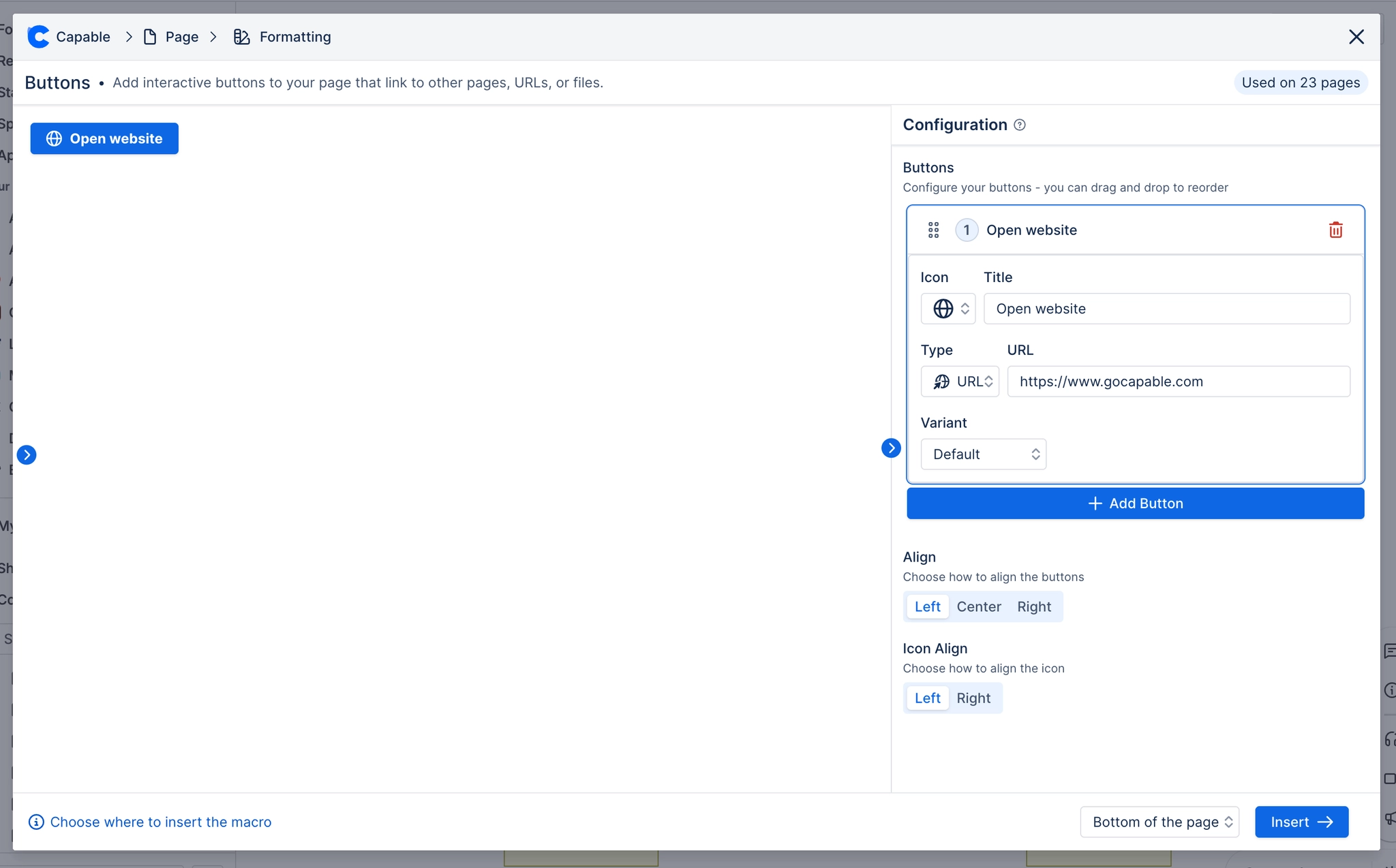 The Buttons macro configuration modal with one button named open website expanded, showing icon, title, type, URL and variant fields, plus align and icon align controls.