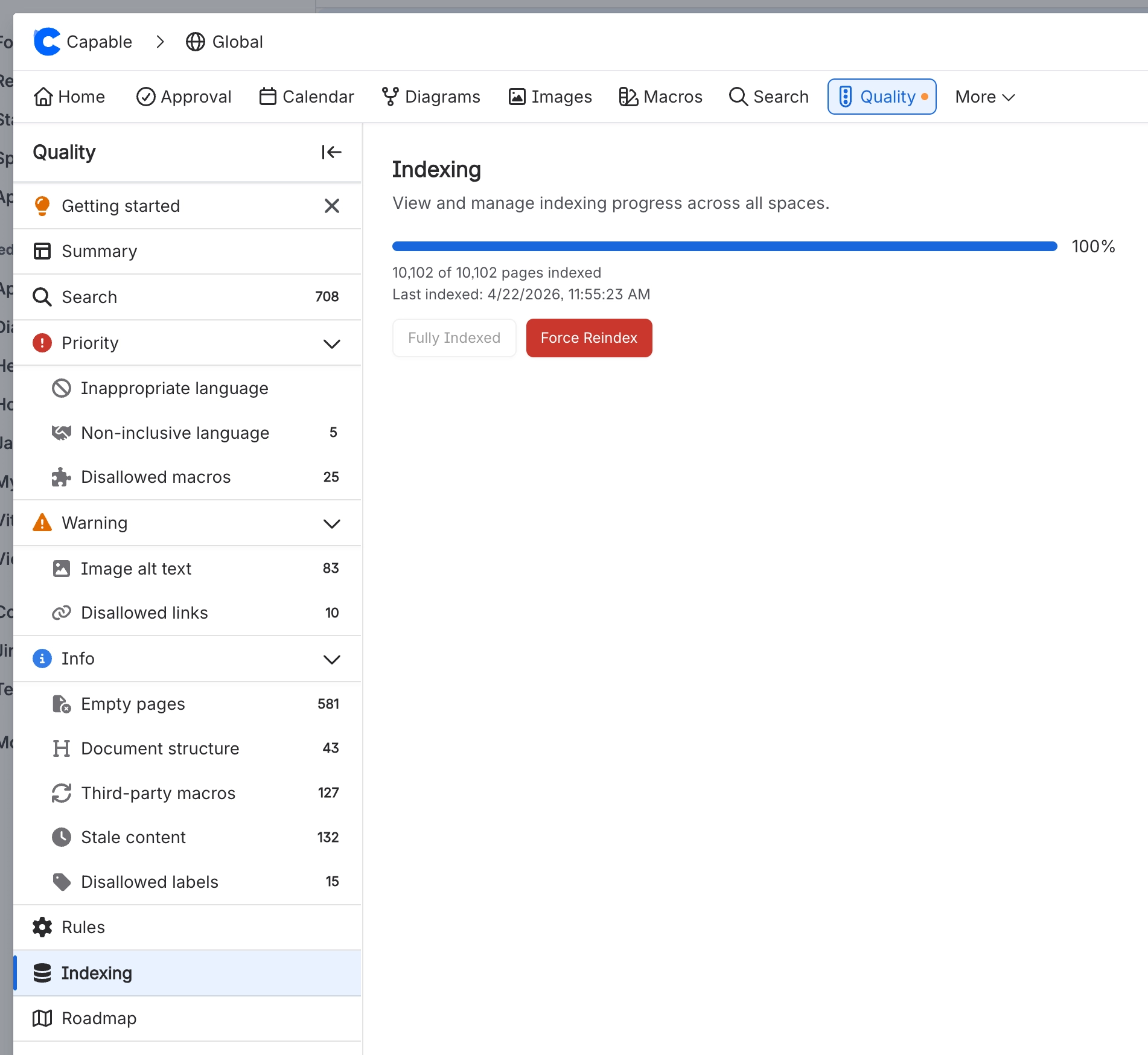 The Indexing page showing a full progress bar at 100 per cent, the text 10,102 of 10,102 pages indexed, the time of the last index, and Fully Indexed and Force Reindex buttons.